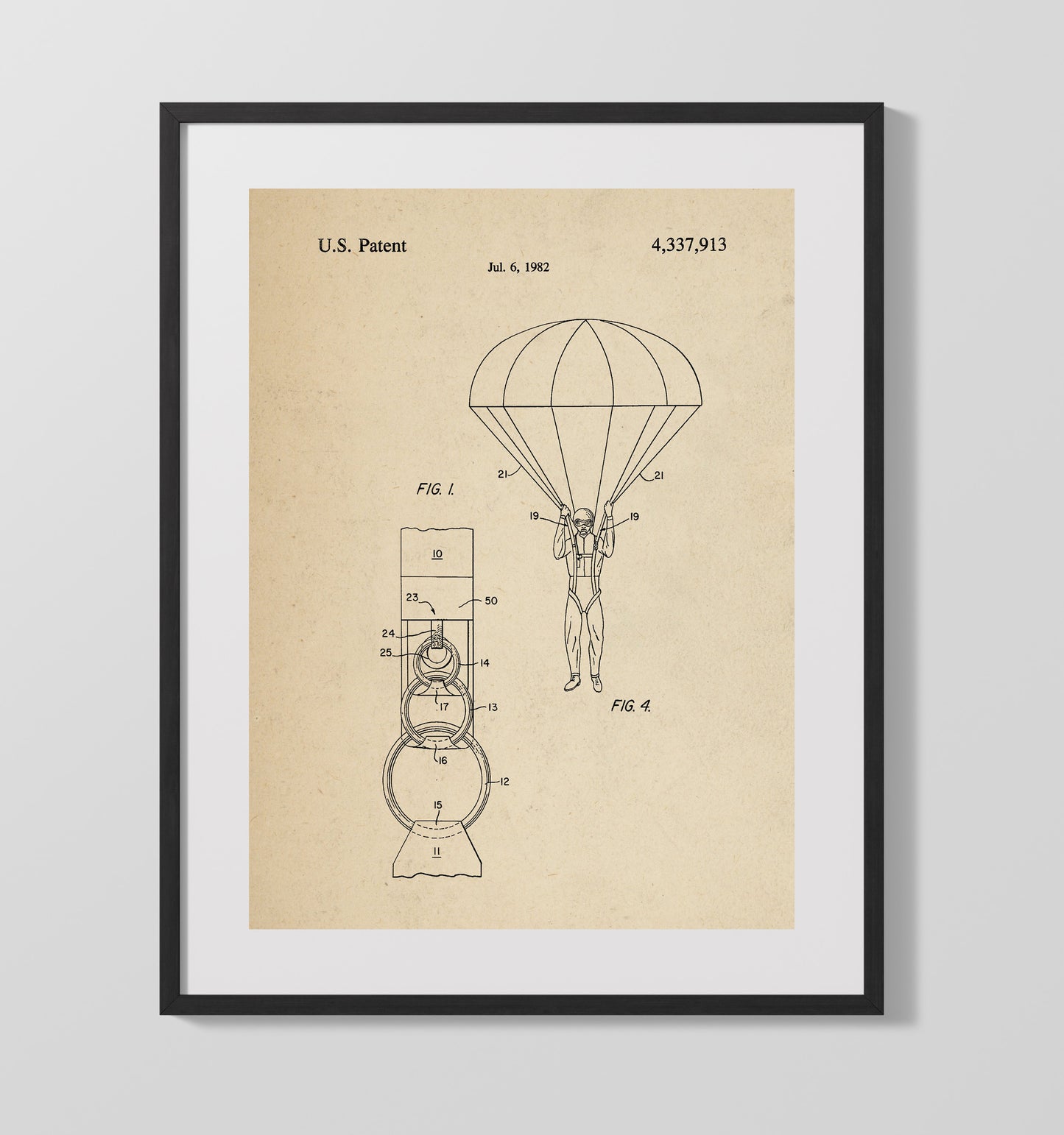 Patent Print - Parachute Harness Release Device - Unknown Inventor - 1982 - Patent 4337913 Patent Wall Art