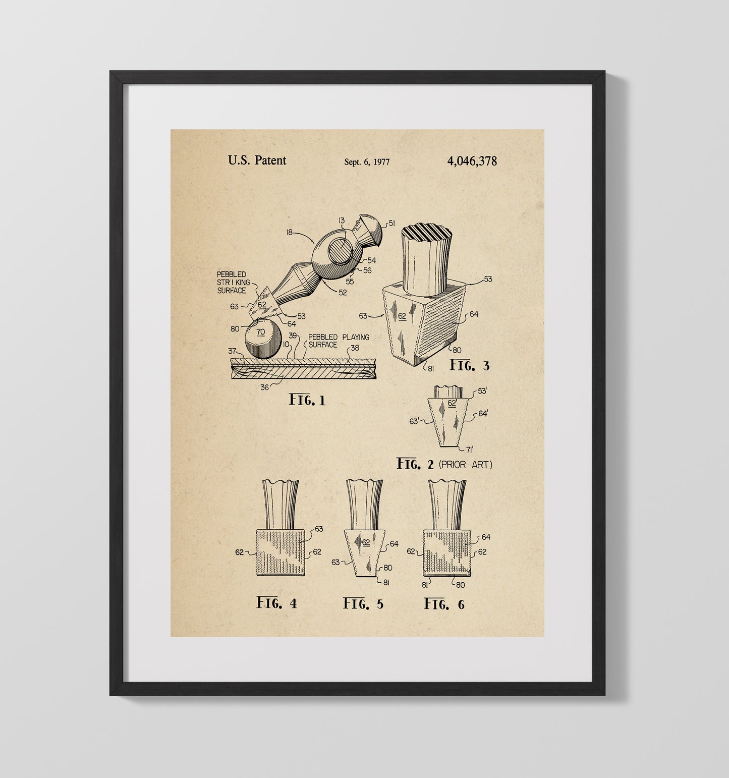Patent Print - Pebbled Table Tennis Paddle Surface - Unknown Inventor - 1977 - Patent 4046378 Patent Wall Art