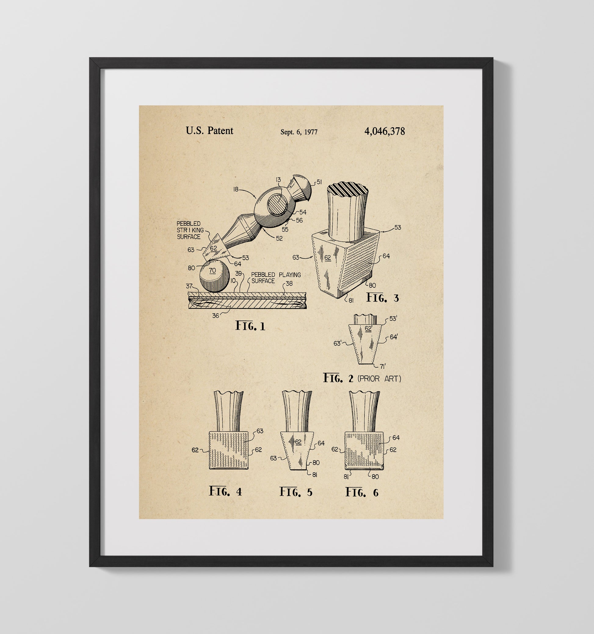 Patent Print - Pebbled Table Tennis Paddle Surface - Unknown Inventor - 1977 - Patent 4046378 Patent Wall Art