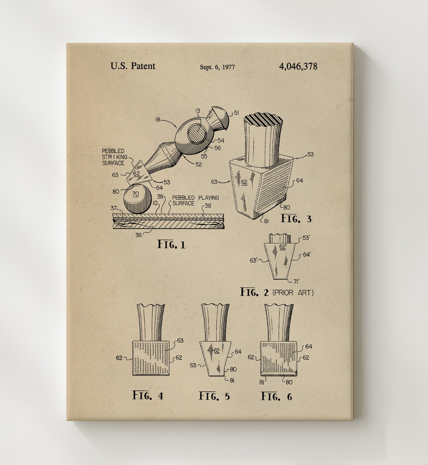 Patent Print - Pebbled Table Tennis Paddle Surface - Unknown Inventor - 1977 - Patent 4046378 Patent Wall Art