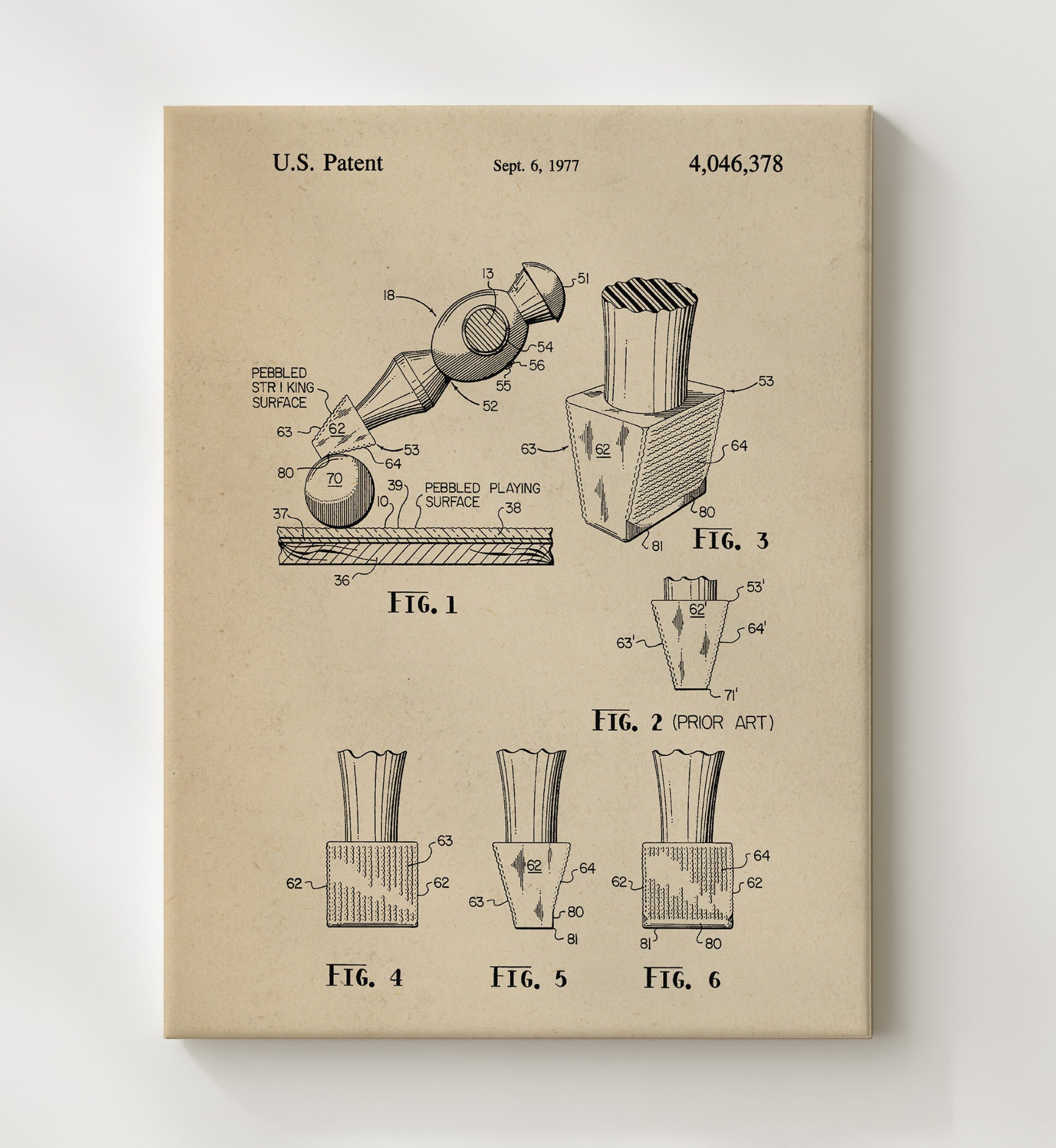 Patent Print - Pebbled Table Tennis Paddle Surface - Unknown Inventor - 1977 - Patent 4046378 Patent Wall Art