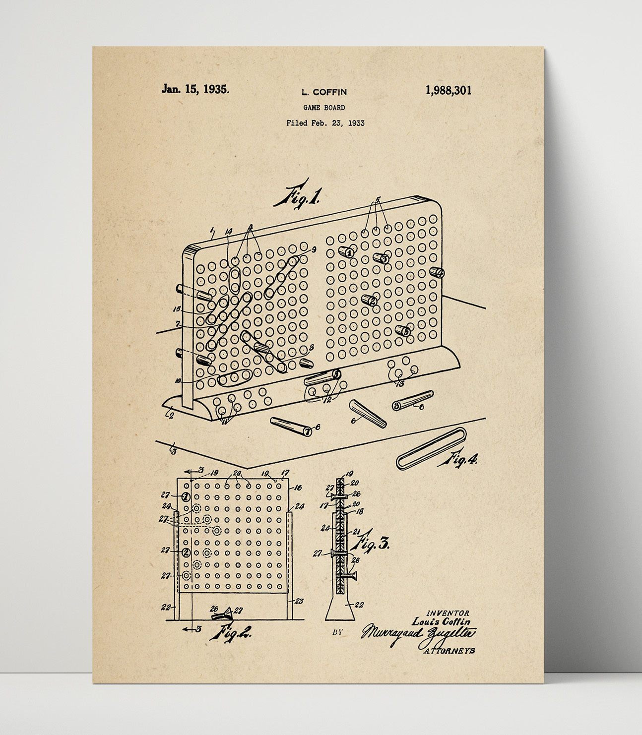 Patent Print - Peg Game Board - Louis Coffin - 1935 - Patent 1988301 Patent Wall Art