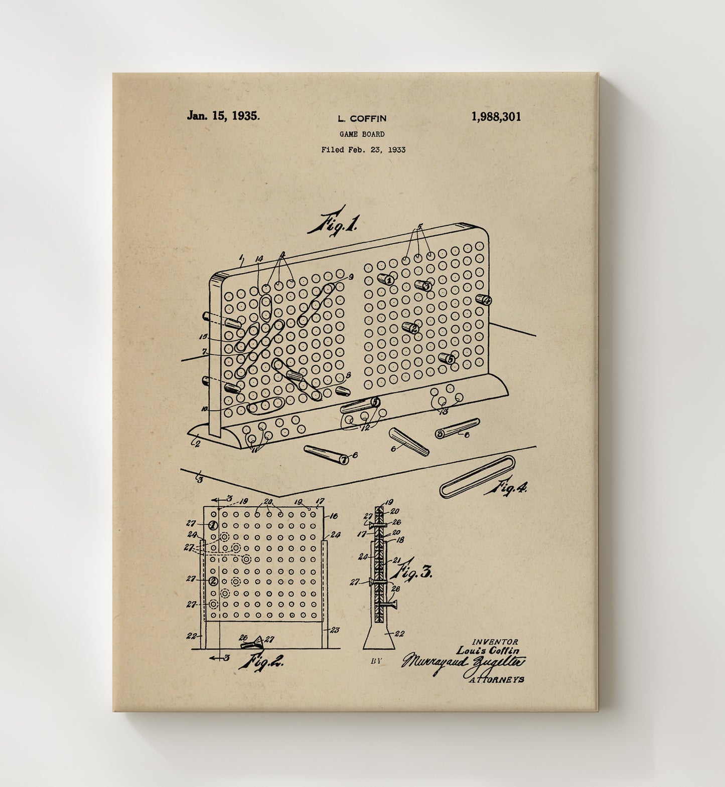 Patent Print - Peg Game Board - Louis Coffin - 1935 - Patent 1988301 Patent Wall Art