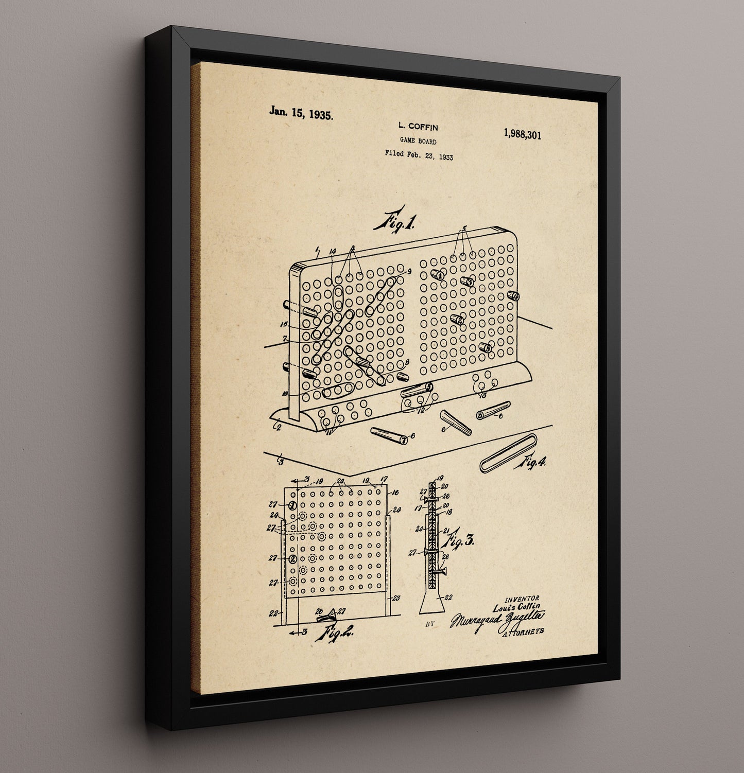 Patent Print - Peg Game Board - Louis Coffin - 1935 - Patent 1988301 Patent Wall Art