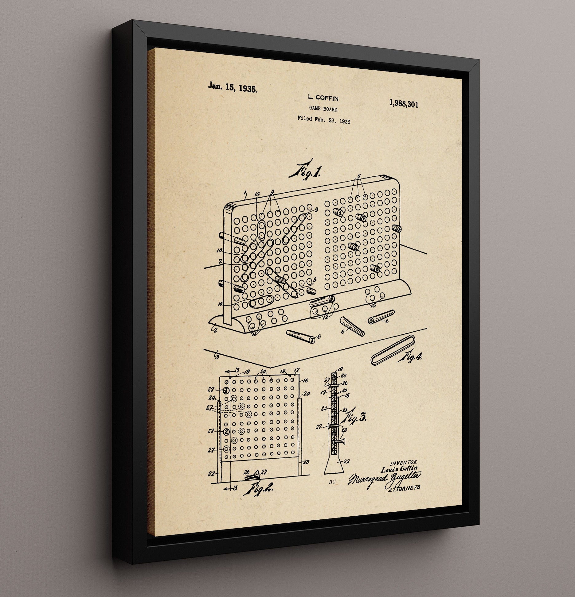 Patent Print - Peg Game Board - Louis Coffin - 1935 - Patent 1988301 Patent Wall Art