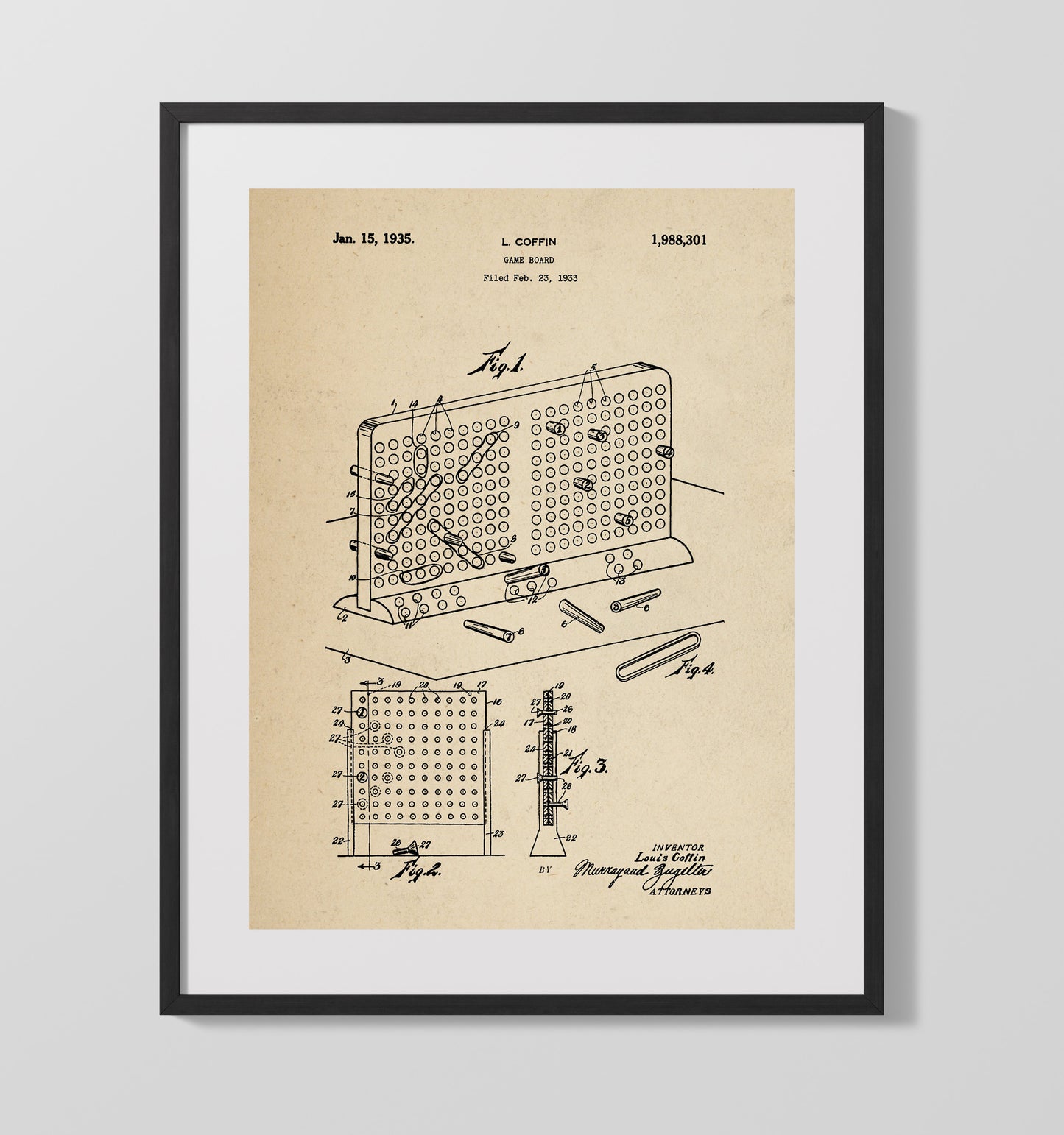 Patent Print - Peg Game Board - Louis Coffin - 1935 - Patent 1988301 Patent Wall Art