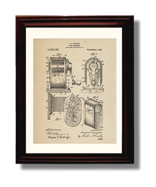 Patent Print - Pencil Sharpener - C. C. Spengler - 1916 - Patent 1197157 Patent Wall Art