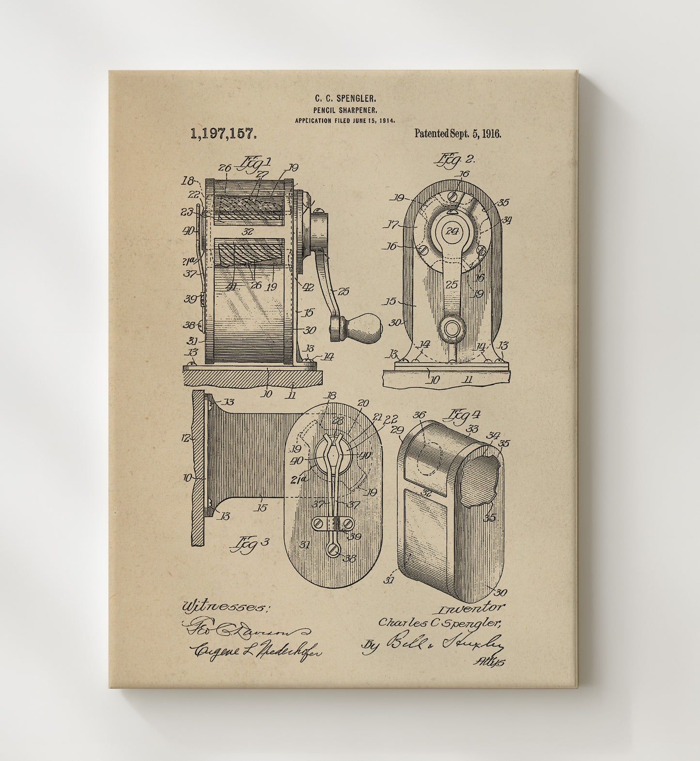 Patent Print - Pencil Sharpener - C. C. Spengler - 1916 - Patent 1197157 Patent Wall Art