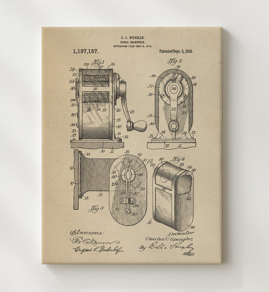 Pencil Sharpener 1916 patent print wall art 8x10 Canvas