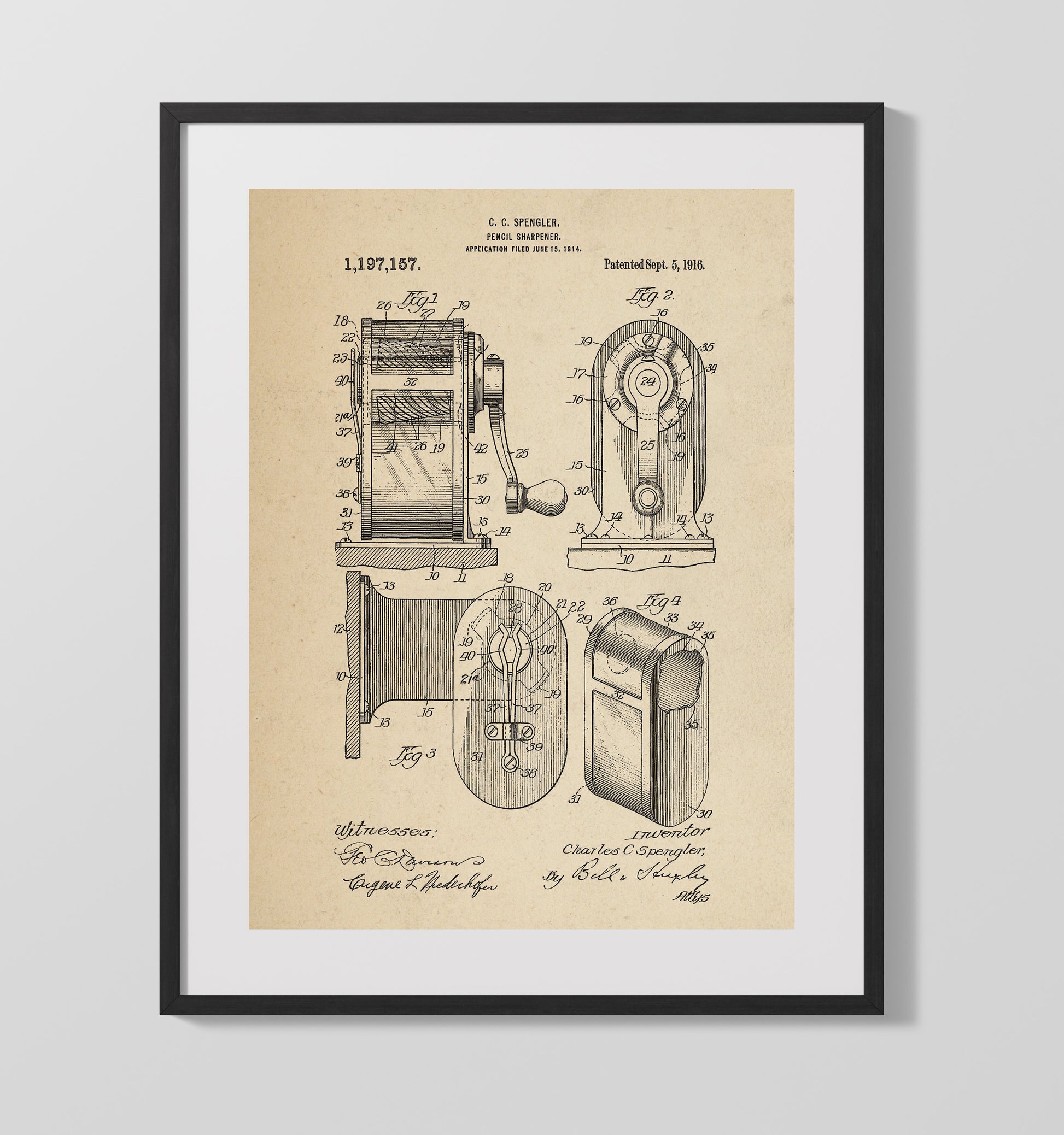 Patent Print - Pencil Sharpener - C. C. Spengler - 1916 - Patent 1197157 Patent Wall Art