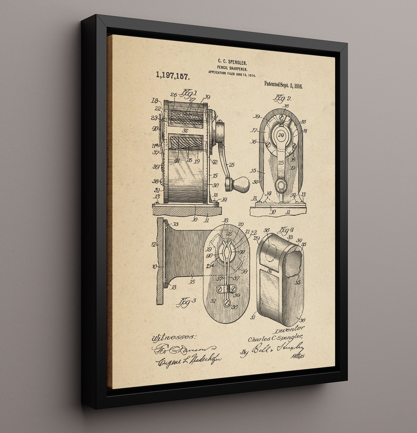 Patent Print - Pencil Sharpener - C. C. Spengler - 1916 - Patent 1197157 Patent Wall Art