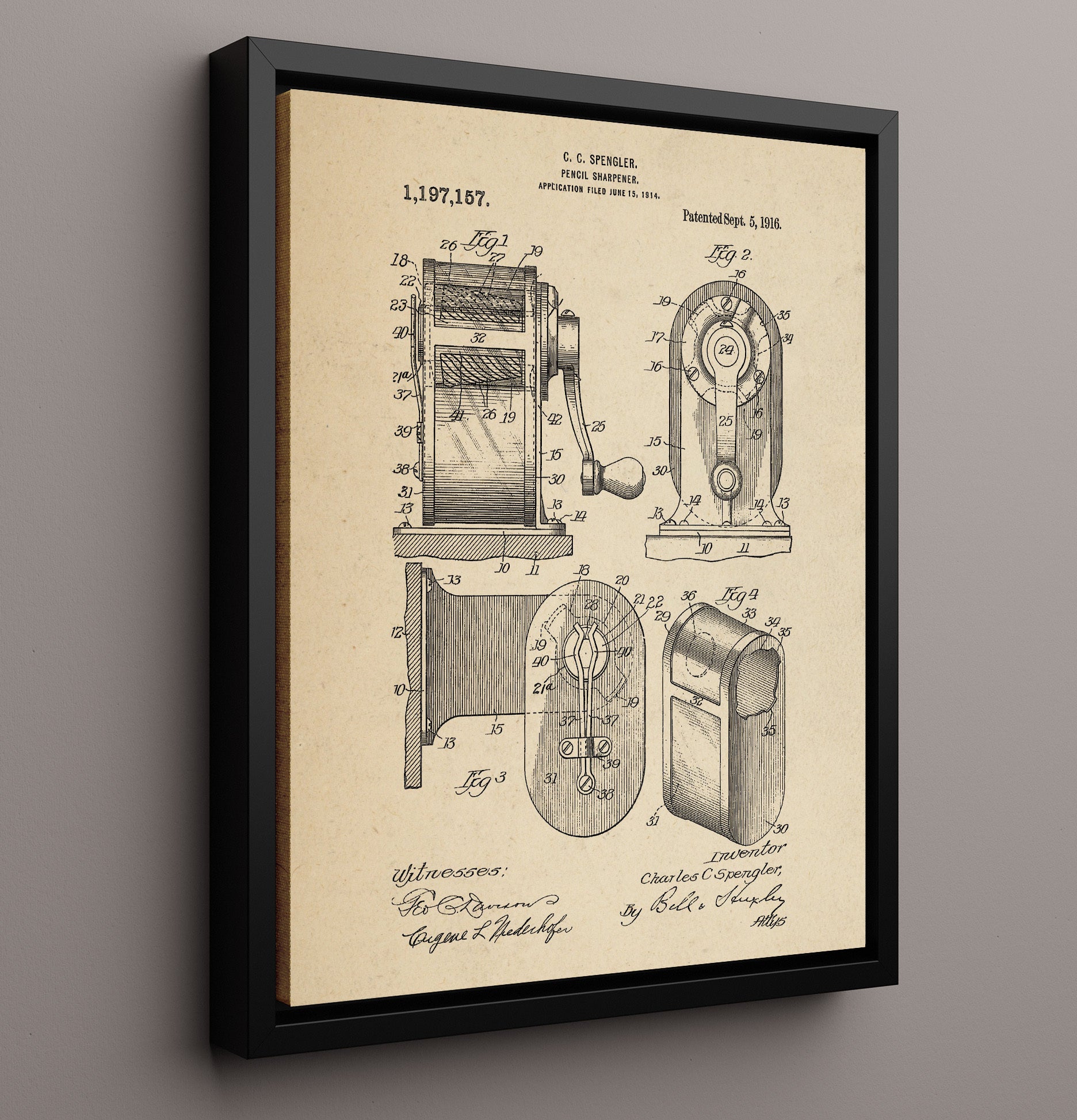 Patent Print - Pencil Sharpener - C. C. Spengler - 1916 - Patent 1197157 Patent Wall Art