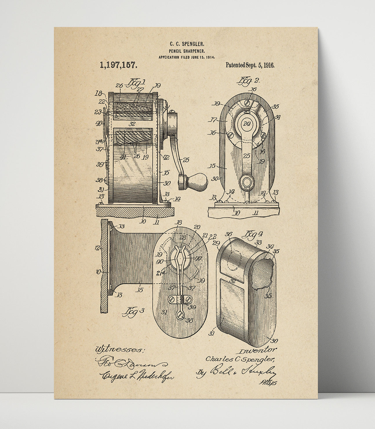 Patent Print - Pencil Sharpener - C. C. Spengler - 1916 - Patent 1197157 Patent Wall Art