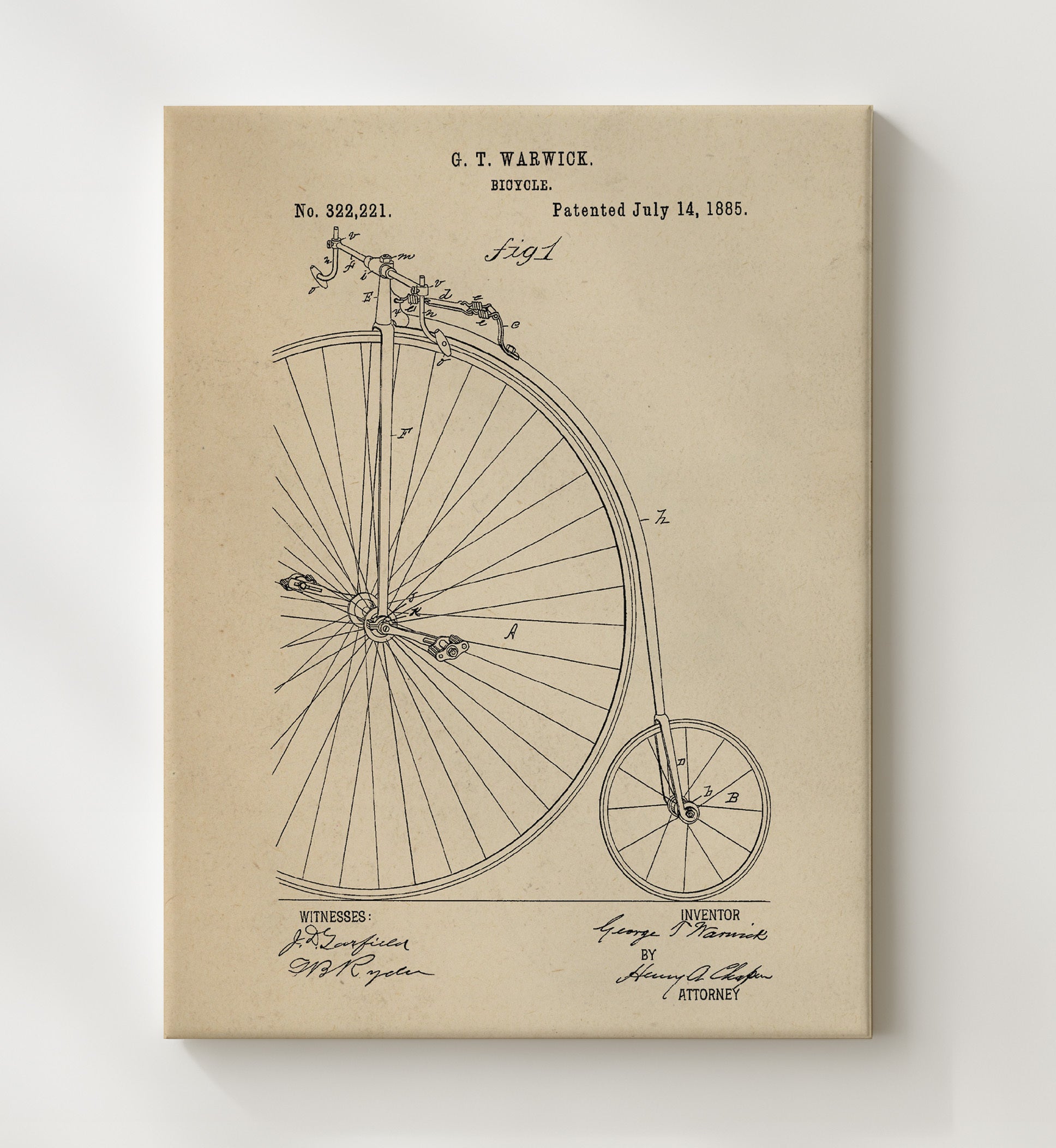 Patent Print - Penny Farthing Bicycle - George T Warwick - 1885 - Patent 322221 Patent Wall Art