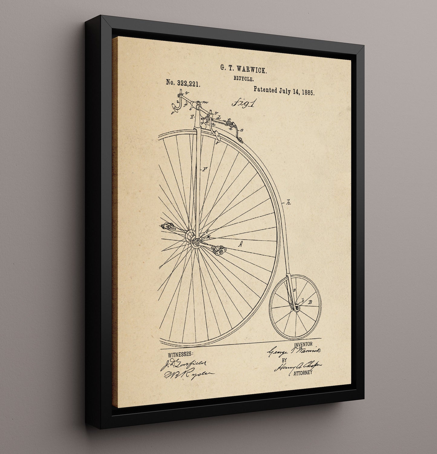 Patent Print - Penny Farthing Bicycle - George T Warwick - 1885 - Patent 322221 Patent Wall Art