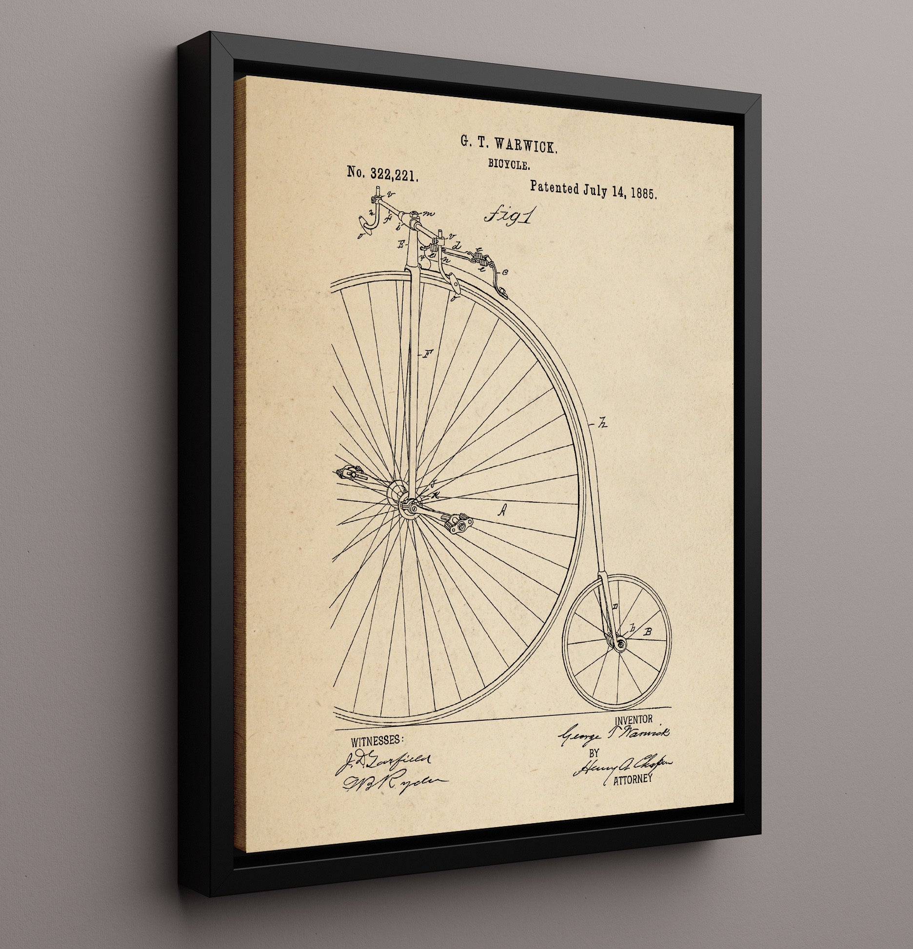 Patent Print - Penny Farthing Bicycle - George T Warwick - 1885 - Patent 322221 Patent Wall Art