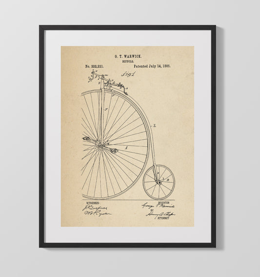 Penny Farthing Bicycle - 1885 Patent - 16x20 Gallery Frame