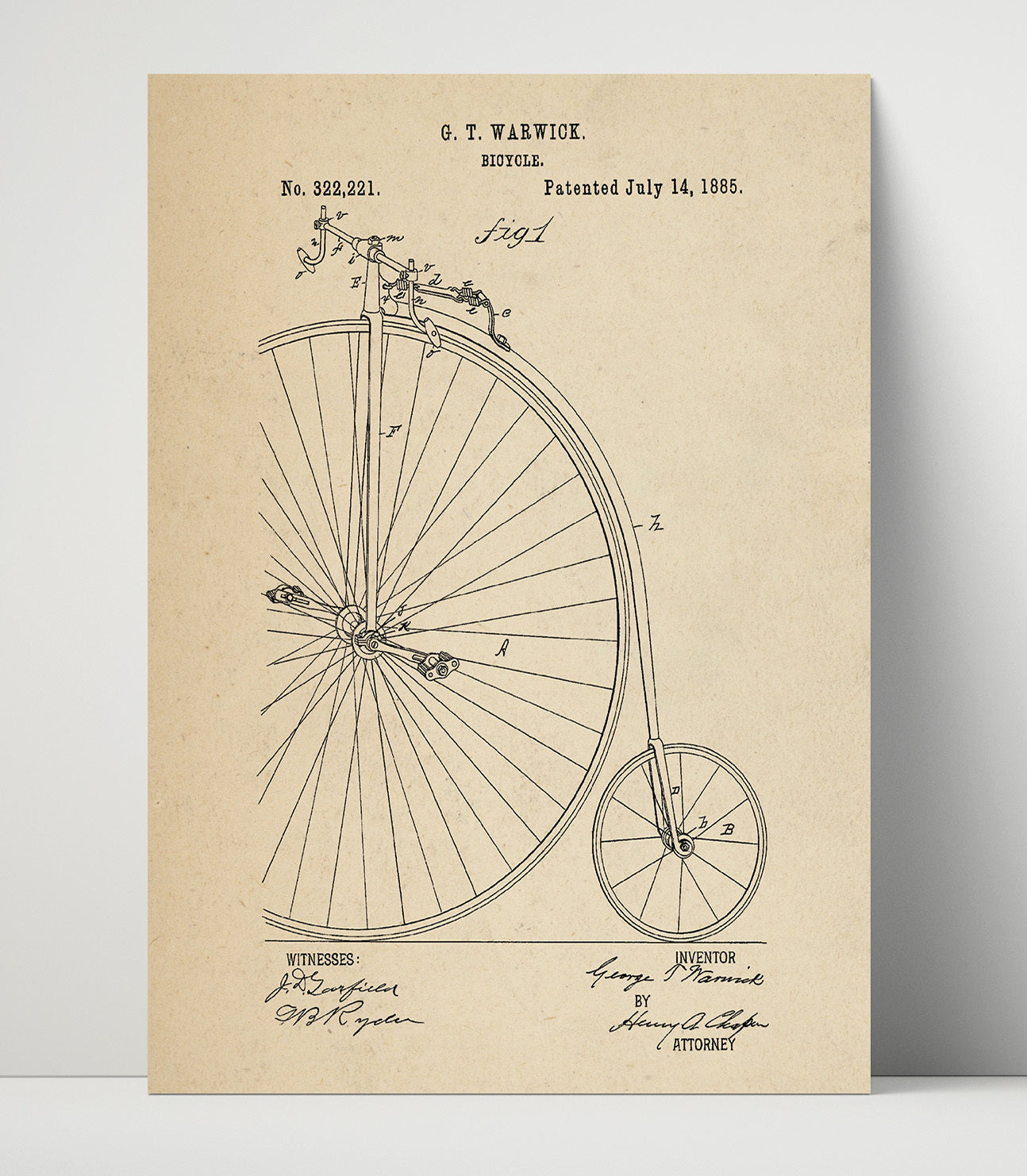 Patent Print - Penny Farthing Bicycle - George T Warwick - 1885 - Patent 322221 Patent Wall Art