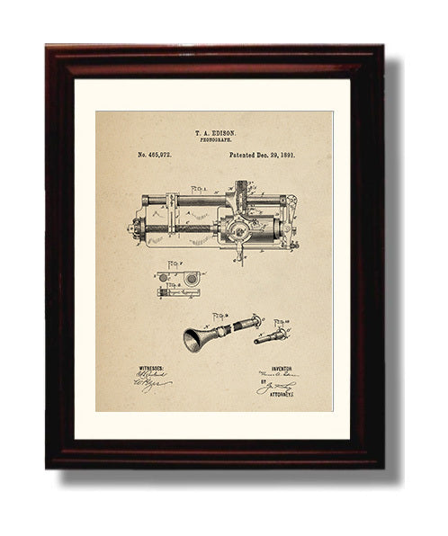 Patent Print - Phonograph - Thomas Edison - 1891 - Patent 465972 Patent Wall Art