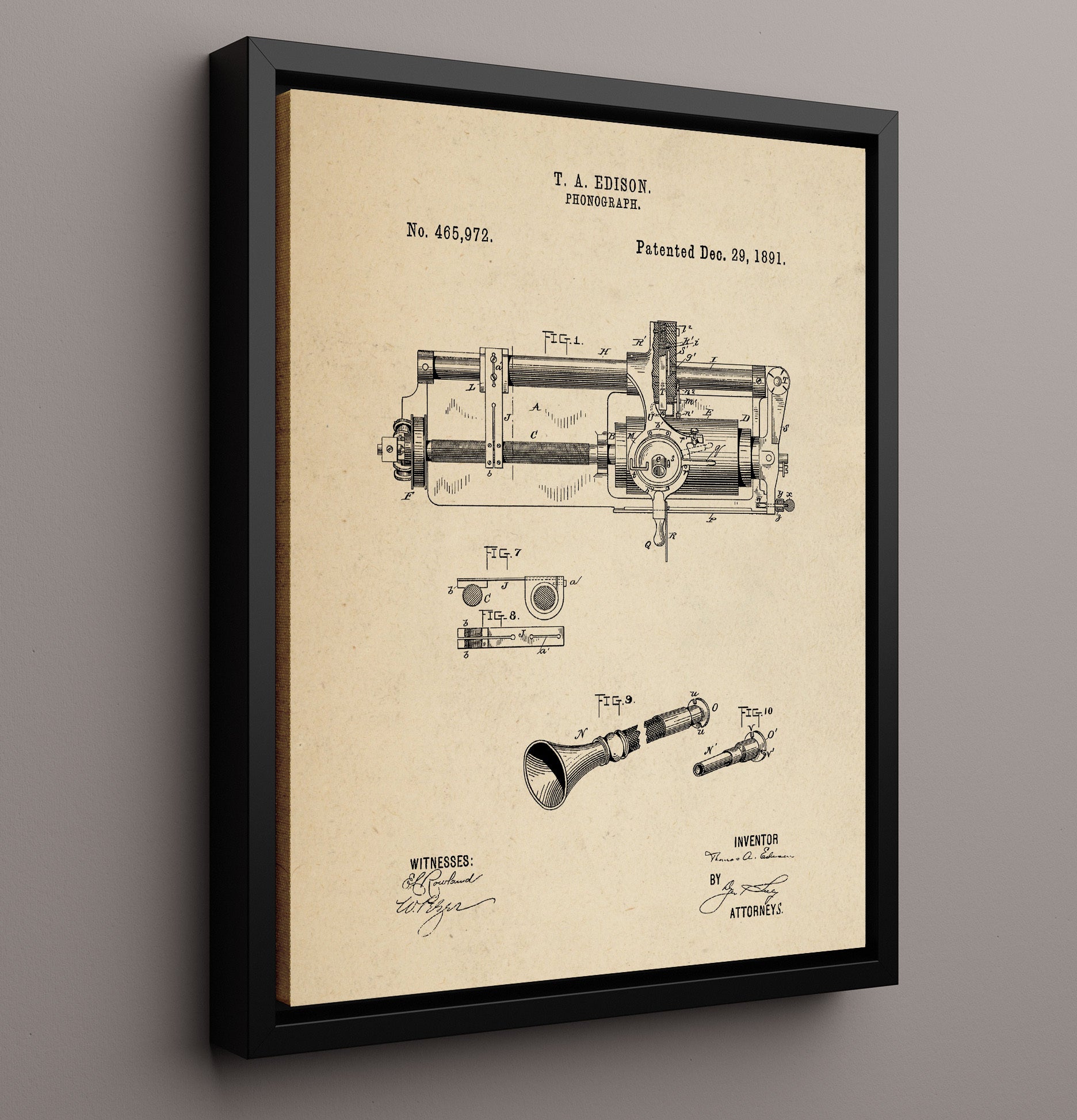 Patent Print - Phonograph - Thomas Edison - 1891 - Patent 465972 Patent Wall Art