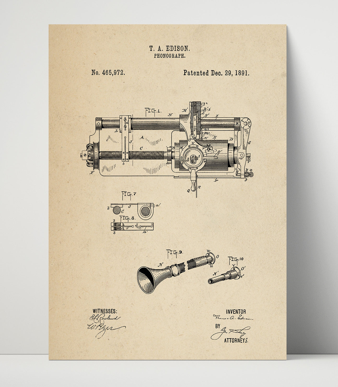 Patent Print - Phonograph - Thomas Edison - 1891 - Patent 465972 Patent Wall Art