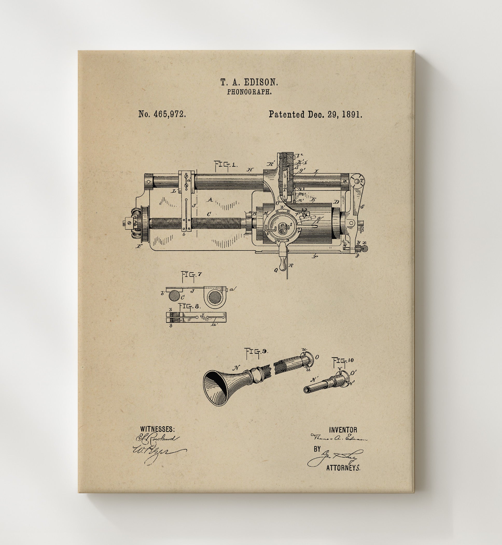 Patent Print - Phonograph - Thomas Edison - 1891 - Patent 465972 Patent Wall Art