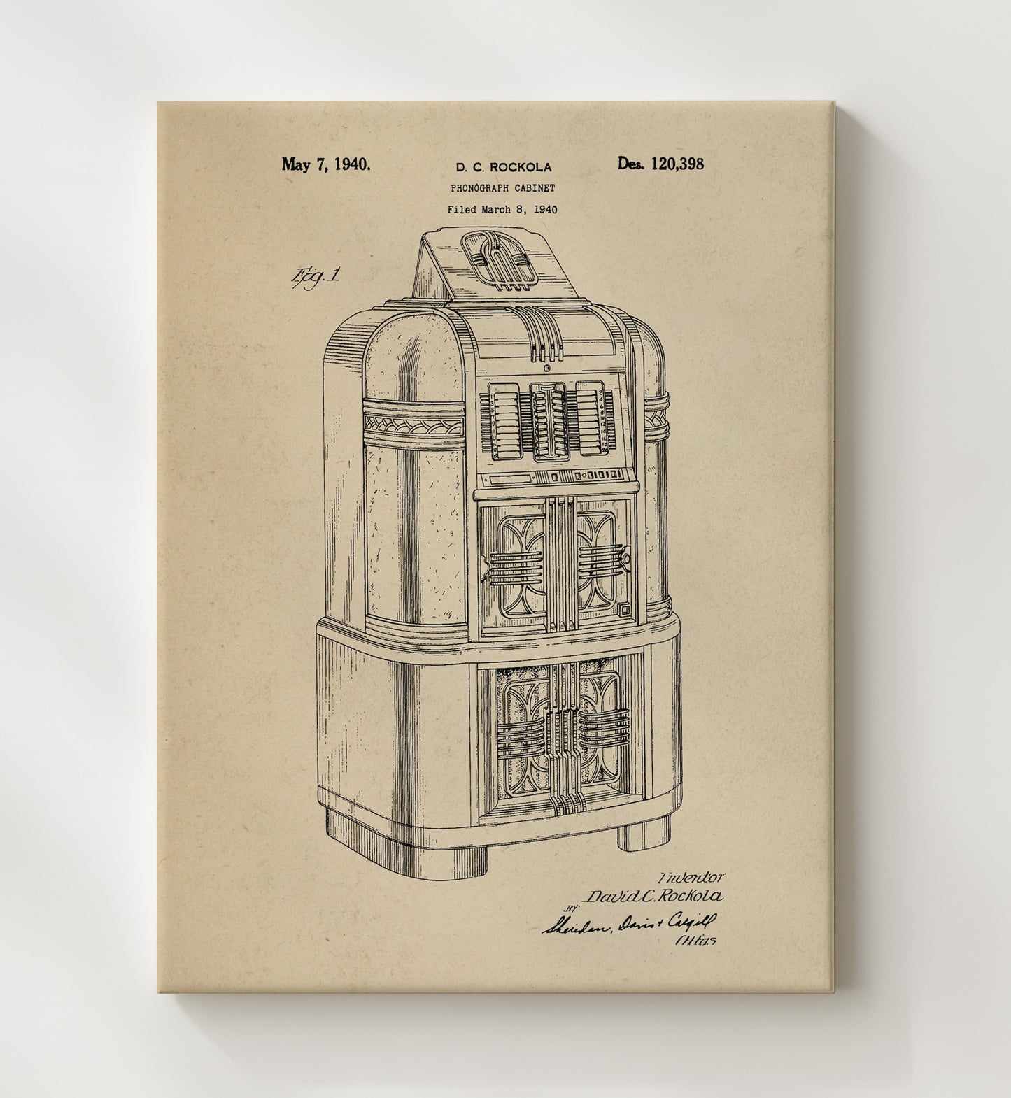 Patent Print - Phonograph Cabinet - David C. Rockola - 1940 - Patent 120398 Patent Wall Art