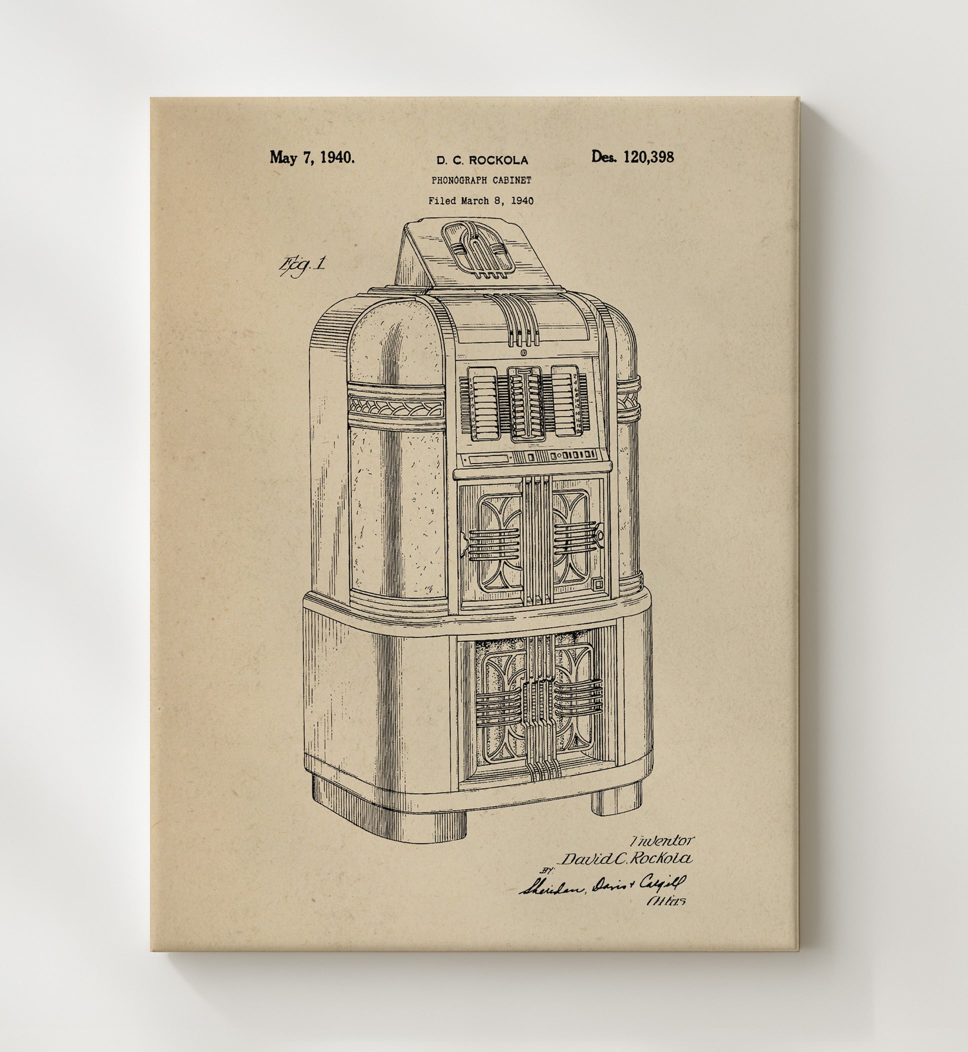 Patent Print - Phonograph Cabinet - David C. Rockola - 1940 - Patent 120398 Patent Wall Art