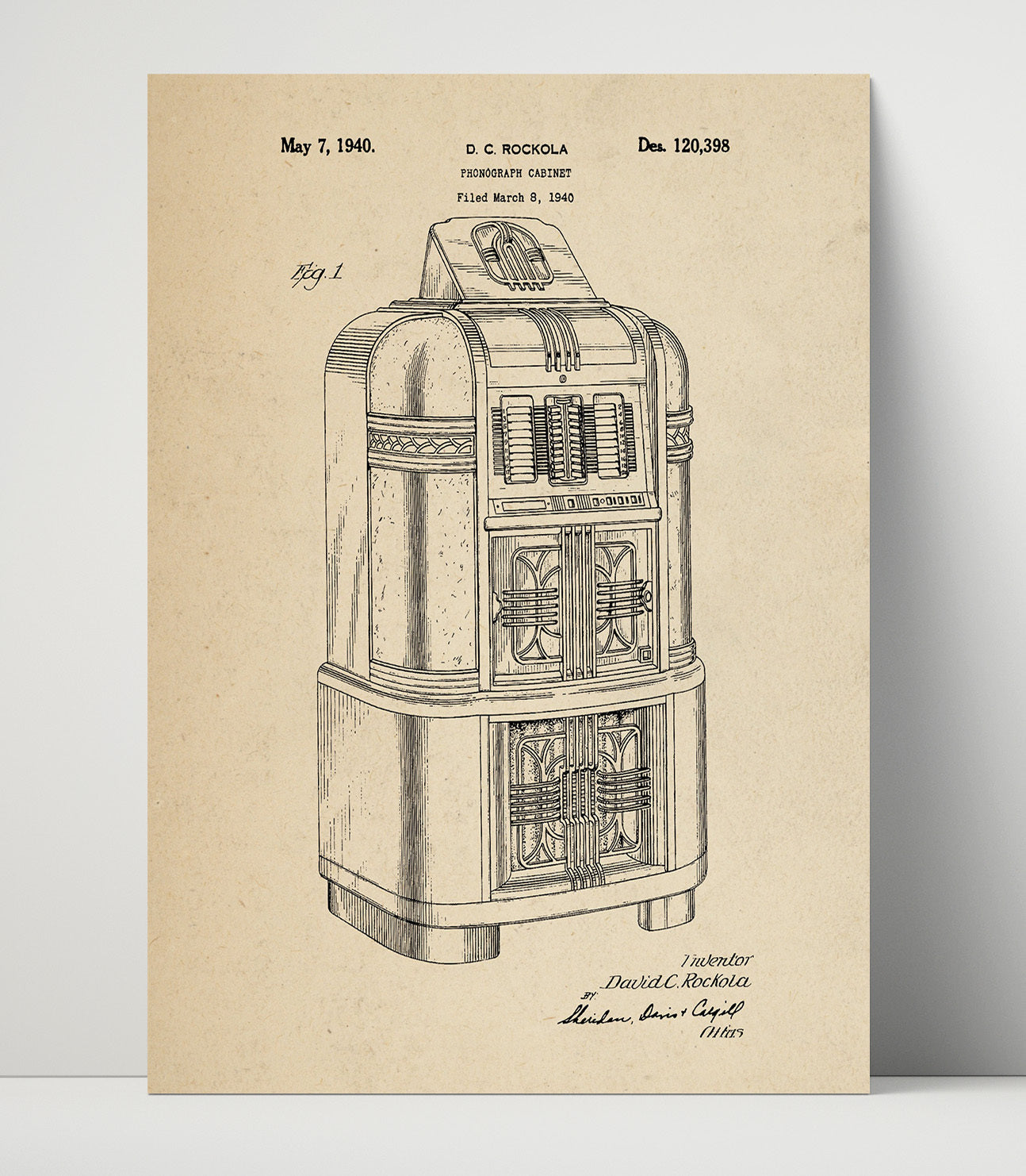 Patent Print - Phonograph Cabinet - David C. Rockola - 1940 - Patent 120398 Patent Wall Art