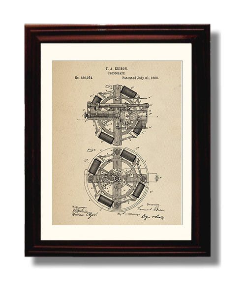 Patent Print - Phonograph Motor Mechanism - Thomas Edison - 1888 - Patent 386974 Patent Wall Art