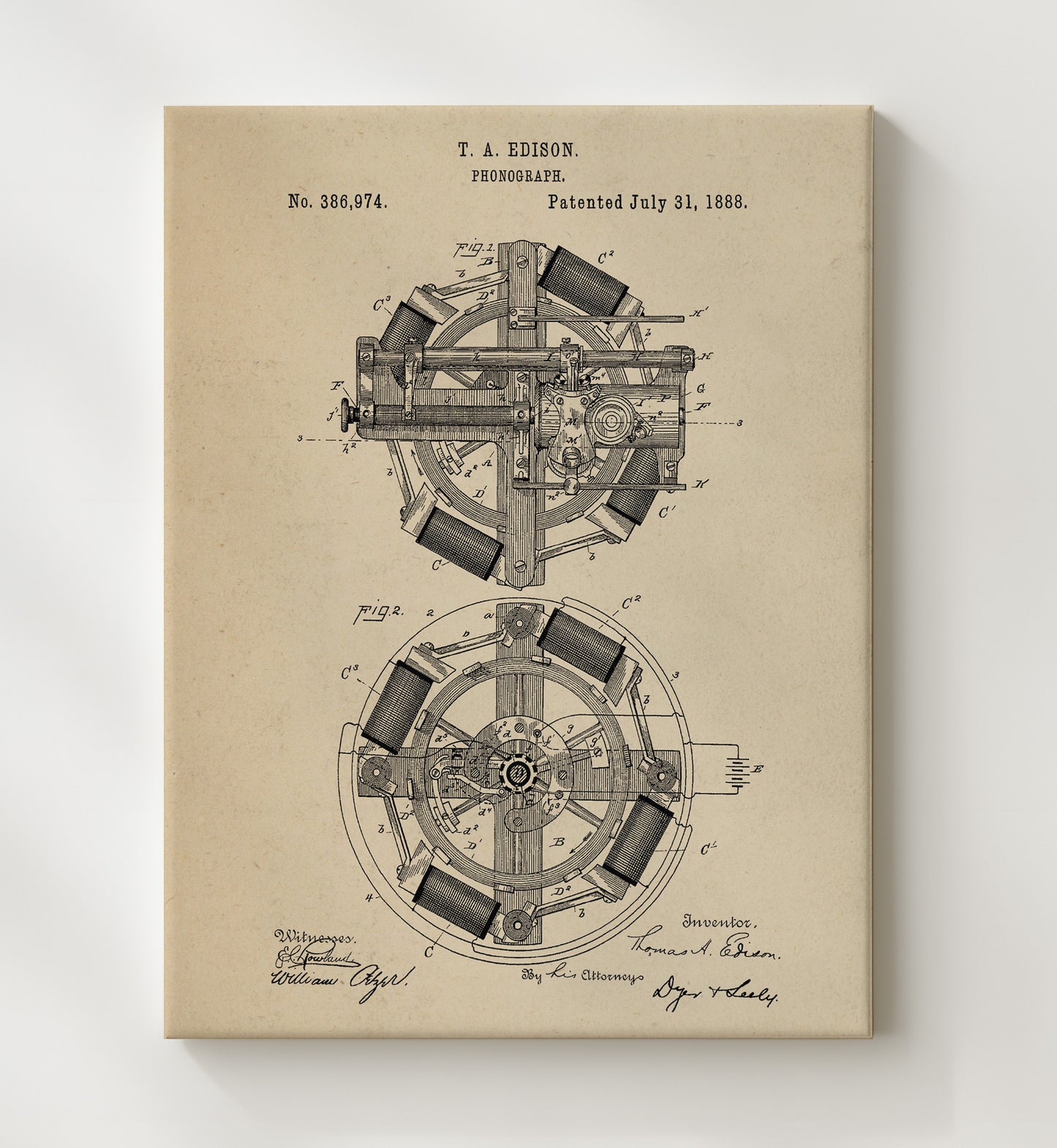 Patent Print - Phonograph Motor Mechanism - Thomas Edison - 1888 - Patent 386974 Patent Wall Art