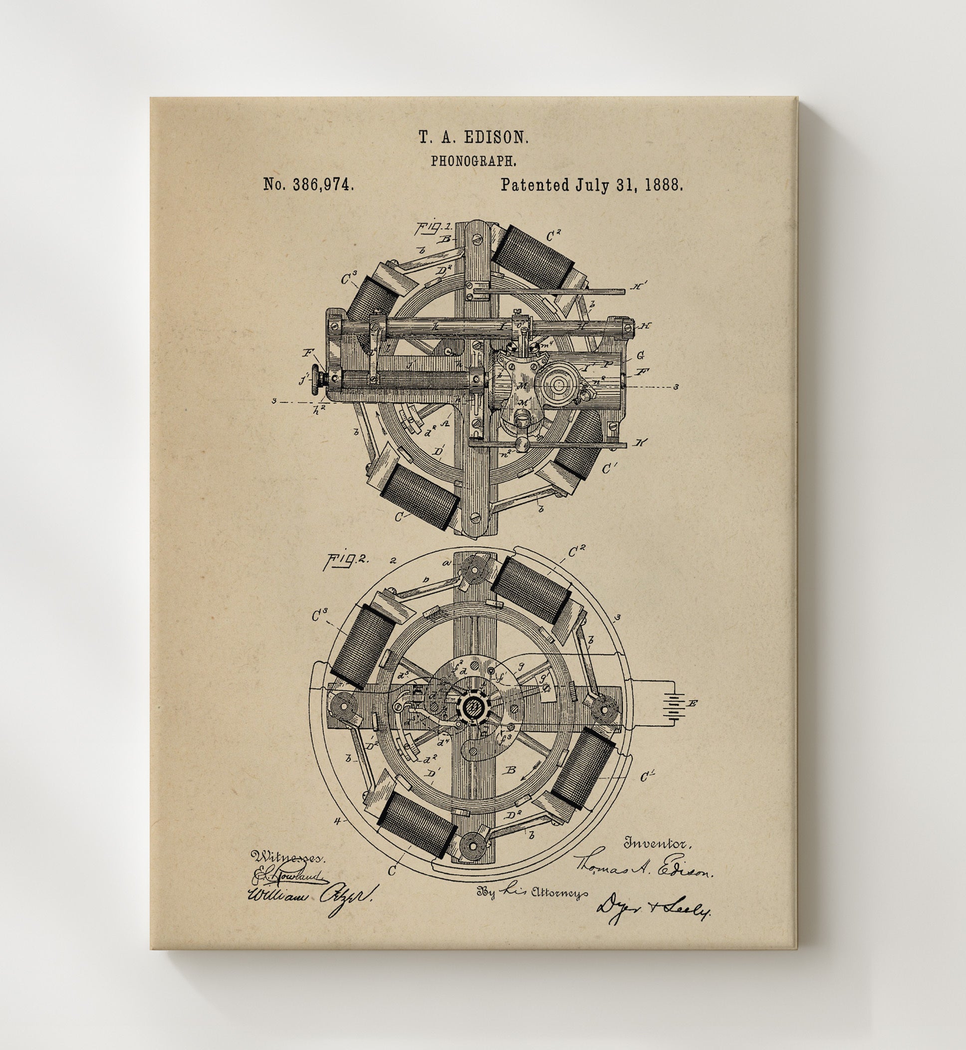 Patent Print - Phonograph Motor Mechanism - Thomas Edison - 1888 - Patent 386974 Patent Wall Art