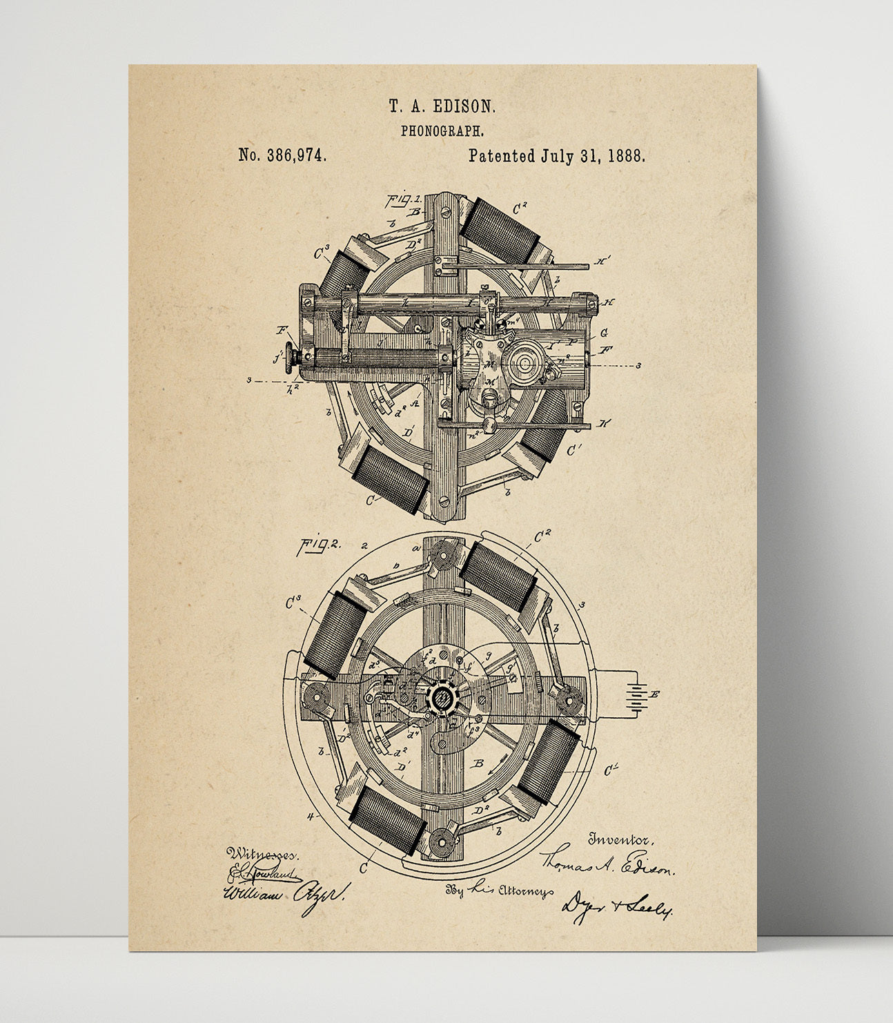 Patent Print - Phonograph Motor Mechanism - Thomas Edison - 1888 - Patent 386974 Patent Wall Art