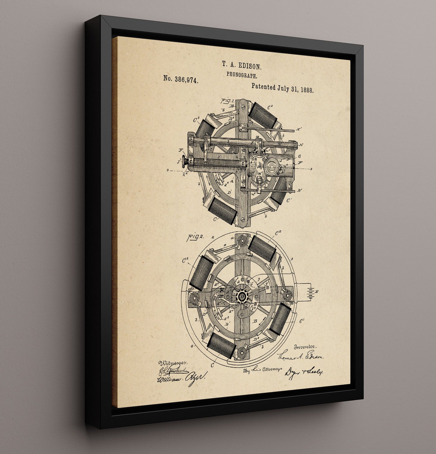 Patent Print - Phonograph Motor Mechanism - Thomas Edison - 1888 - Patent 386974 Patent Wall Art