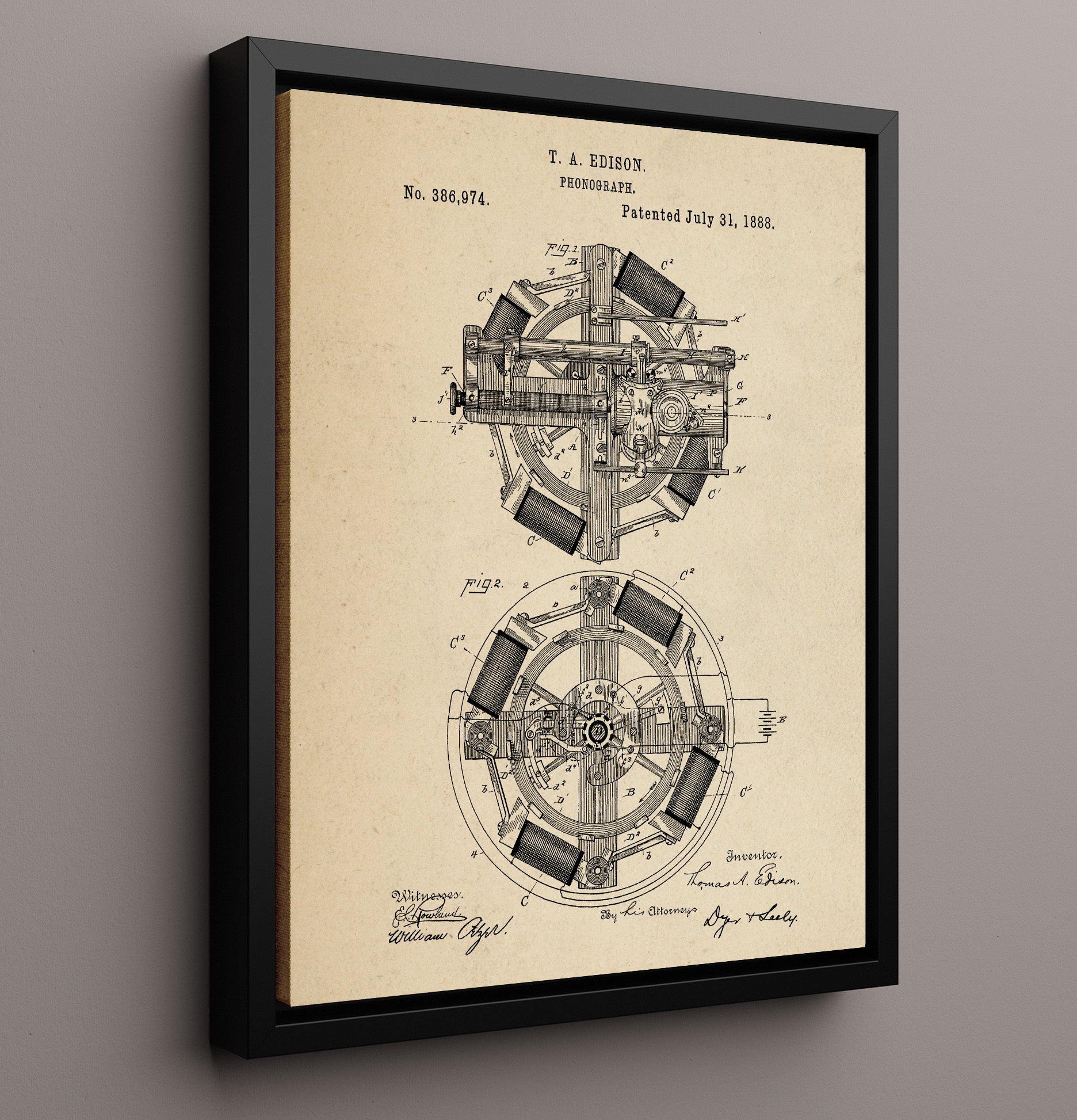 Patent Print - Phonograph Motor Mechanism - Thomas Edison - 1888 - Patent 386974 Patent Wall Art