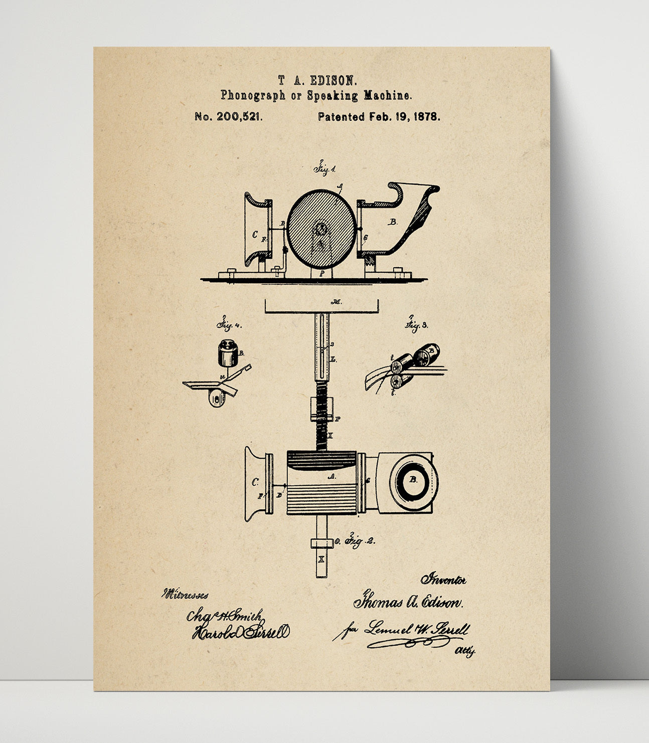 Patent Print - Phonograph Or Speaking Machine - Thomas Edison - 1878 - Patent 200521 Patent Wall Art