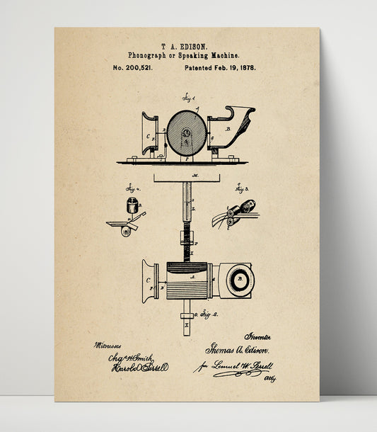 Phonograph Or Speaking Machine - 1878 Patent - 16x20 Unframed Print