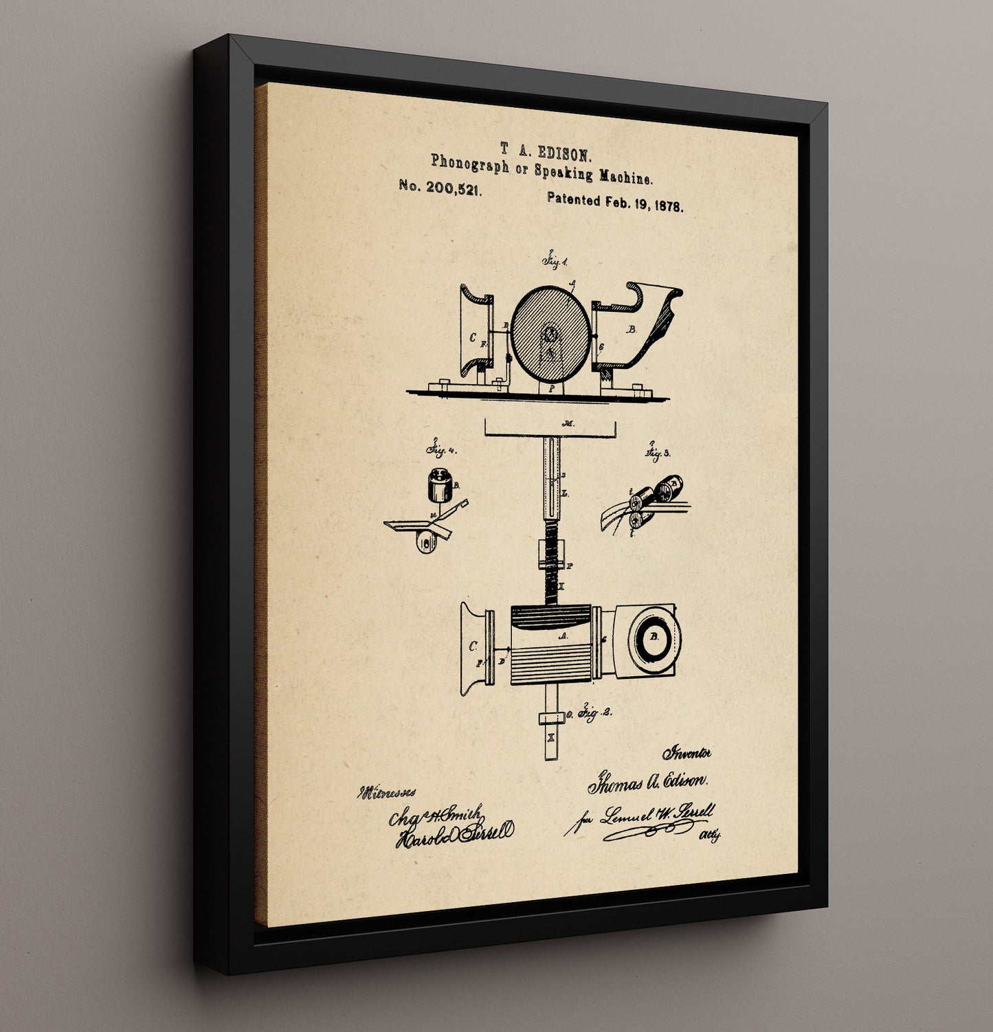 Patent Print - Phonograph Or Speaking Machine - Thomas Edison - 1878 - Patent 200521 Patent Wall Art