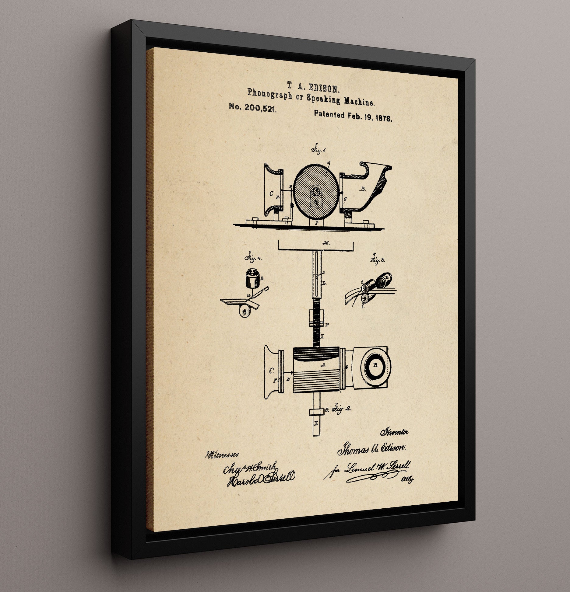 Patent Print - Phonograph Or Speaking Machine - Thomas Edison - 1878 - Patent 200521 Patent Wall Art