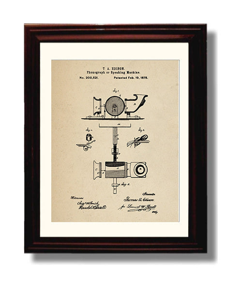 Patent Print - Phonograph Or Speaking Machine - Thomas Edison - 1878 - Patent 200521 Patent Wall Art