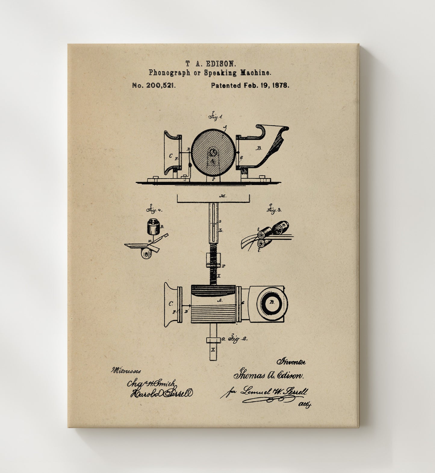 Patent Print - Phonograph Or Speaking Machine - Thomas Edison - 1878 - Patent 200521 Patent Wall Art