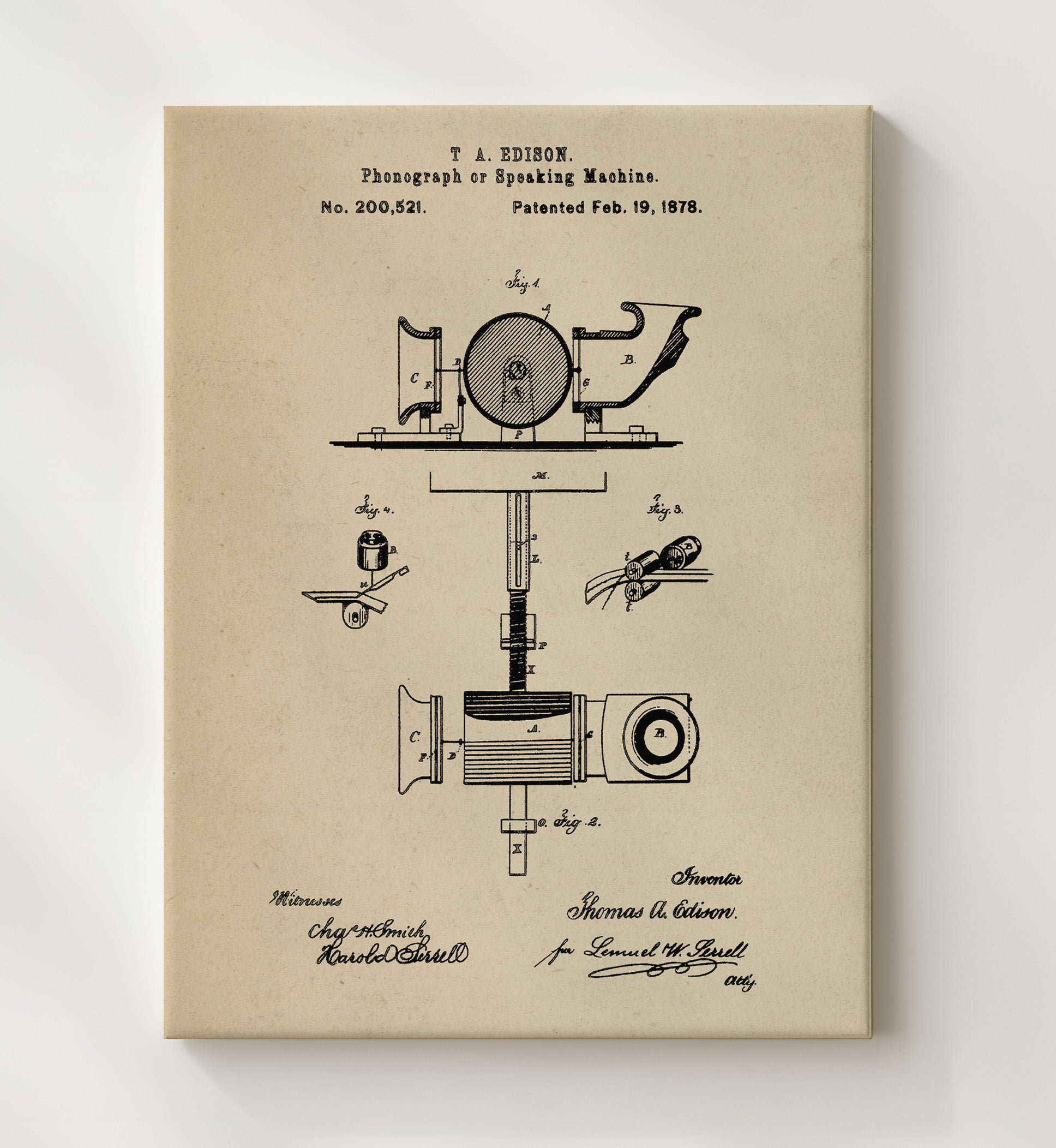 Patent Print - Phonograph Or Speaking Machine - Thomas Edison - 1878 - Patent 200521 Patent Wall Art