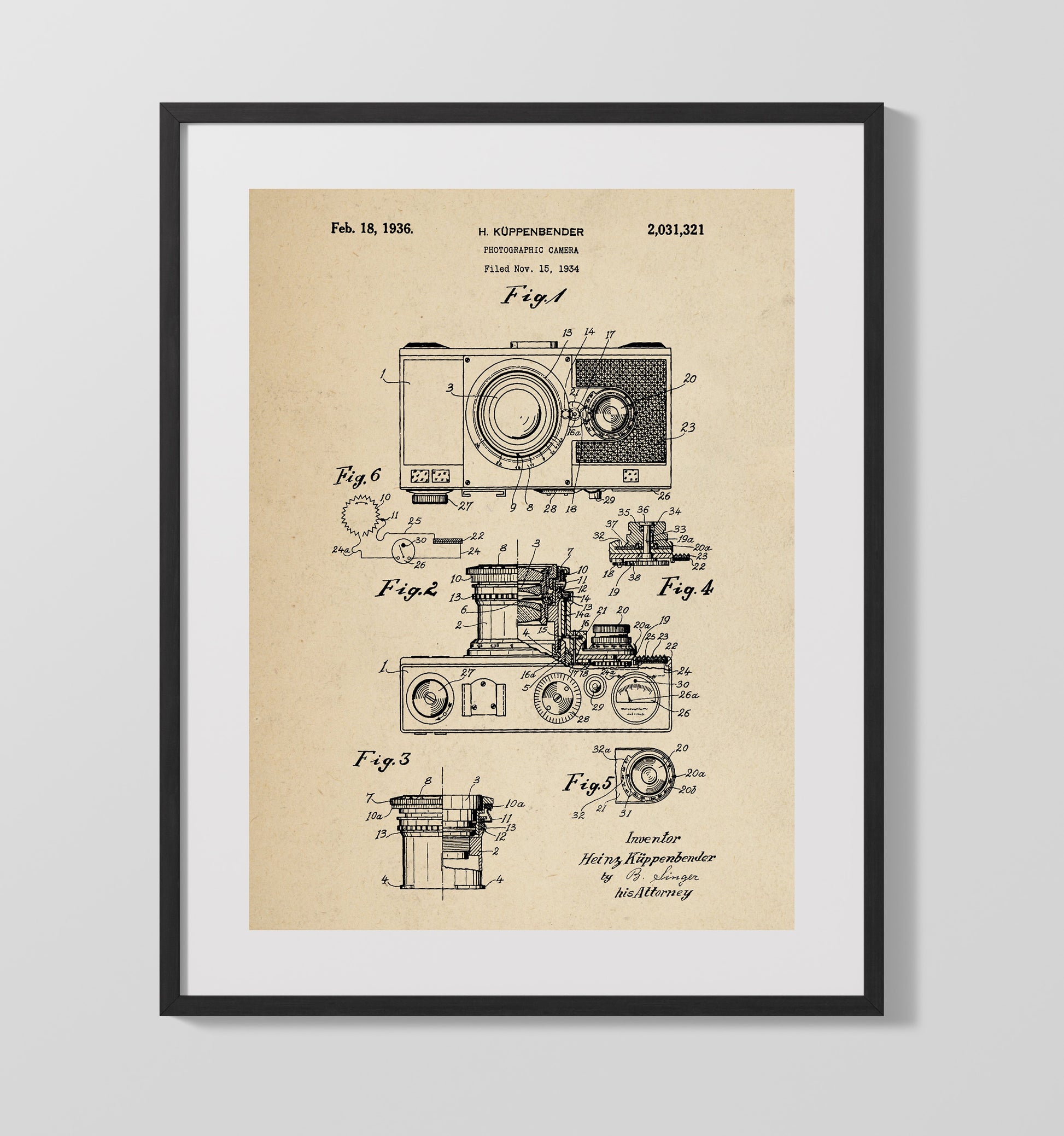 Patent Print - Photographic Camera - Heinz Koppenbender - 1936 - Patent 2031321 Patent Wall Art