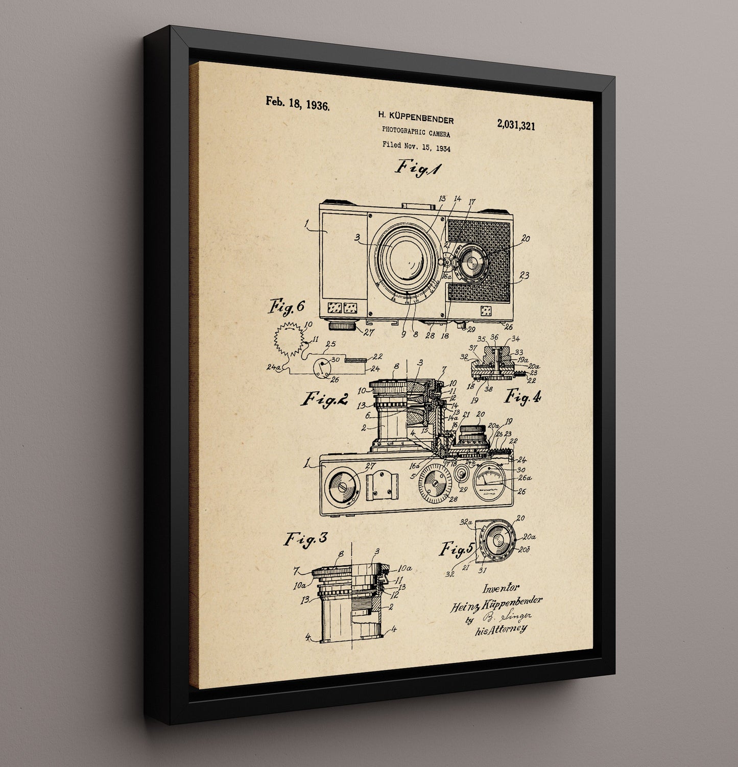Patent Print - Photographic Camera - Heinz Koppenbender - 1936 - Patent 2031321 Patent Wall Art