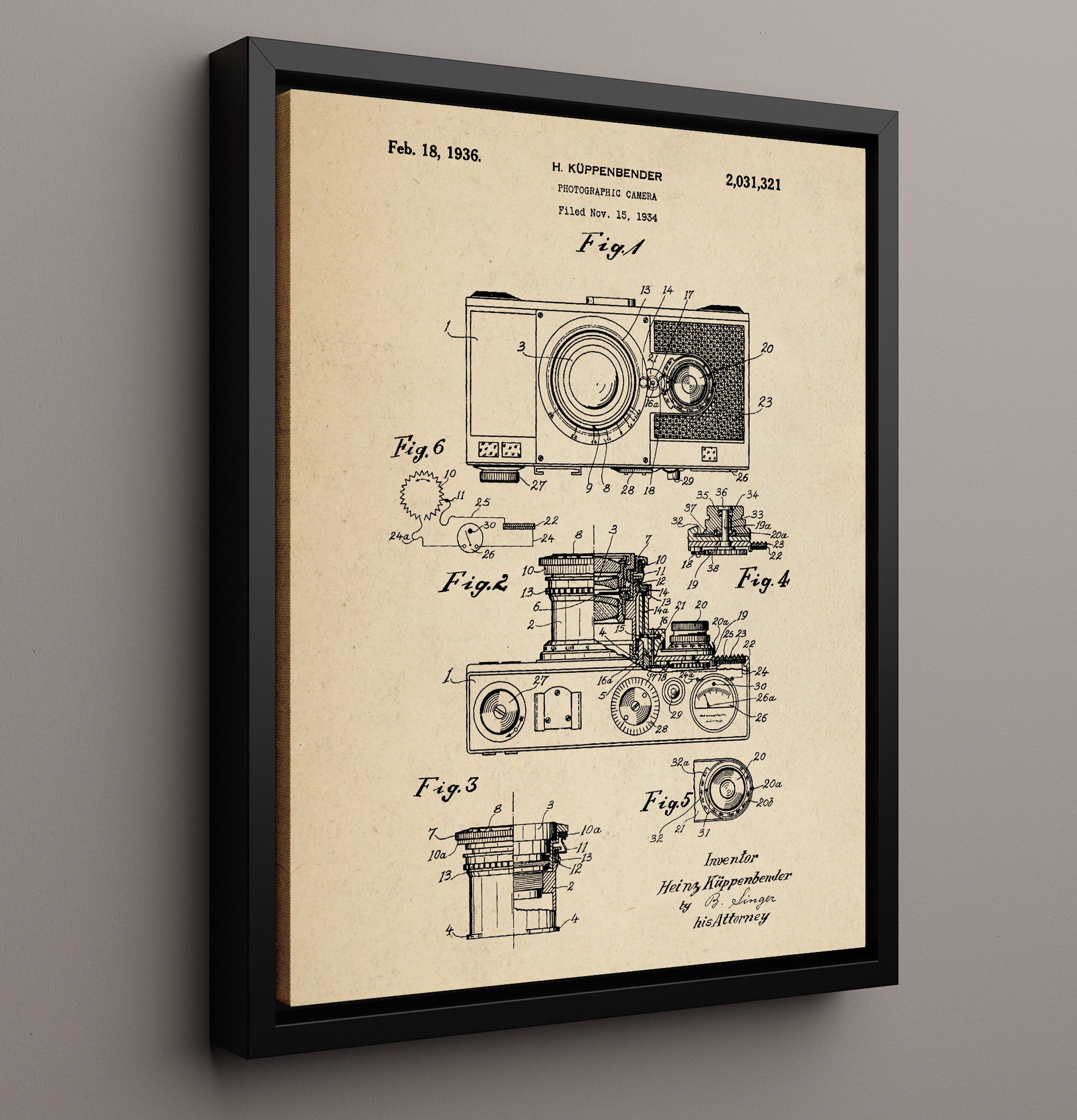 Patent Print - Photographic Camera - Heinz Koppenbender - 1936 - Patent 2031321 Patent Wall Art