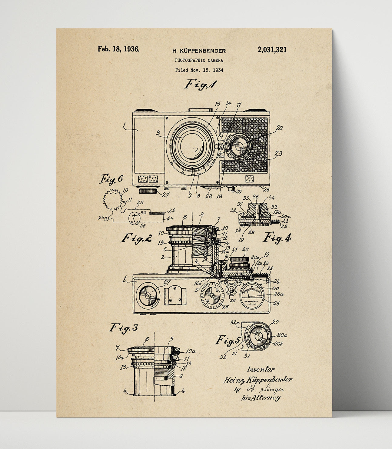 Patent Print - Photographic Camera - Heinz Koppenbender - 1936 - Patent 2031321 Patent Wall Art
