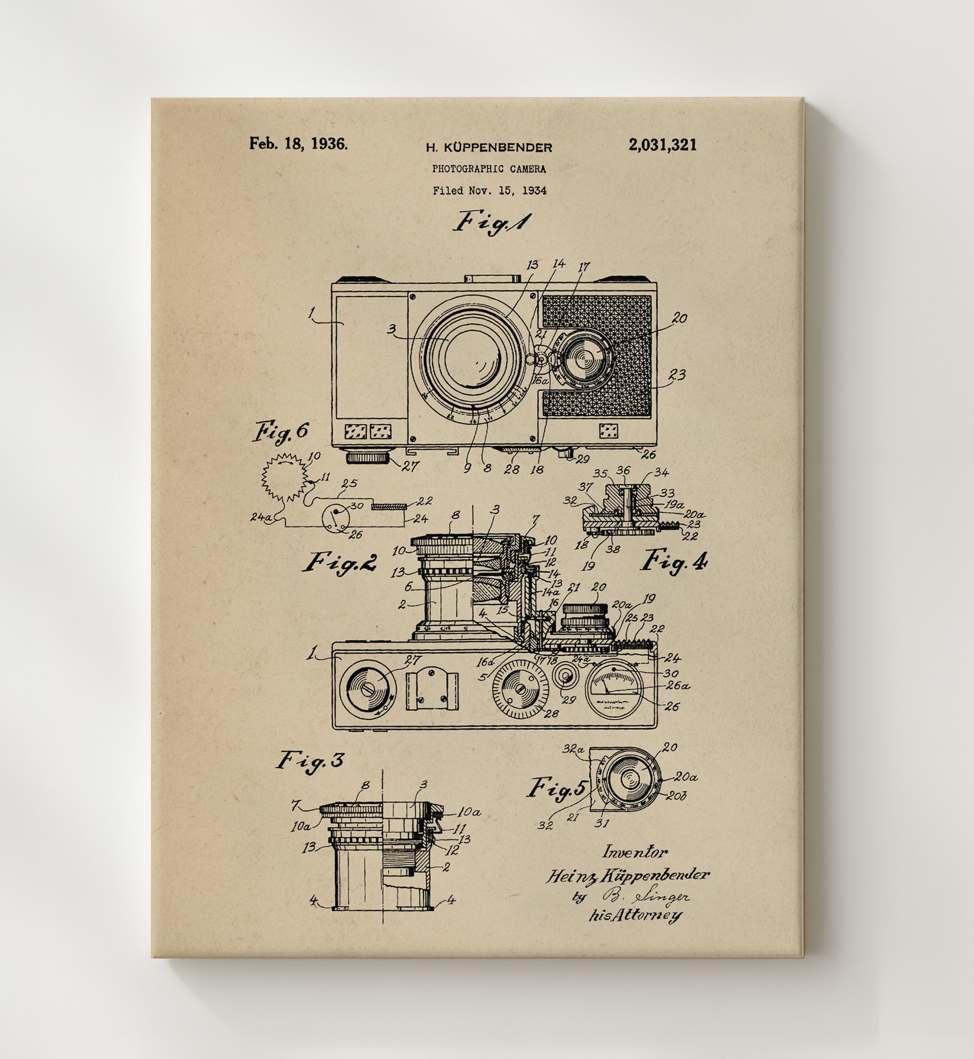 Patent Print - Photographic Camera - Heinz Koppenbender - 1936 - Patent 2031321 Patent Wall Art