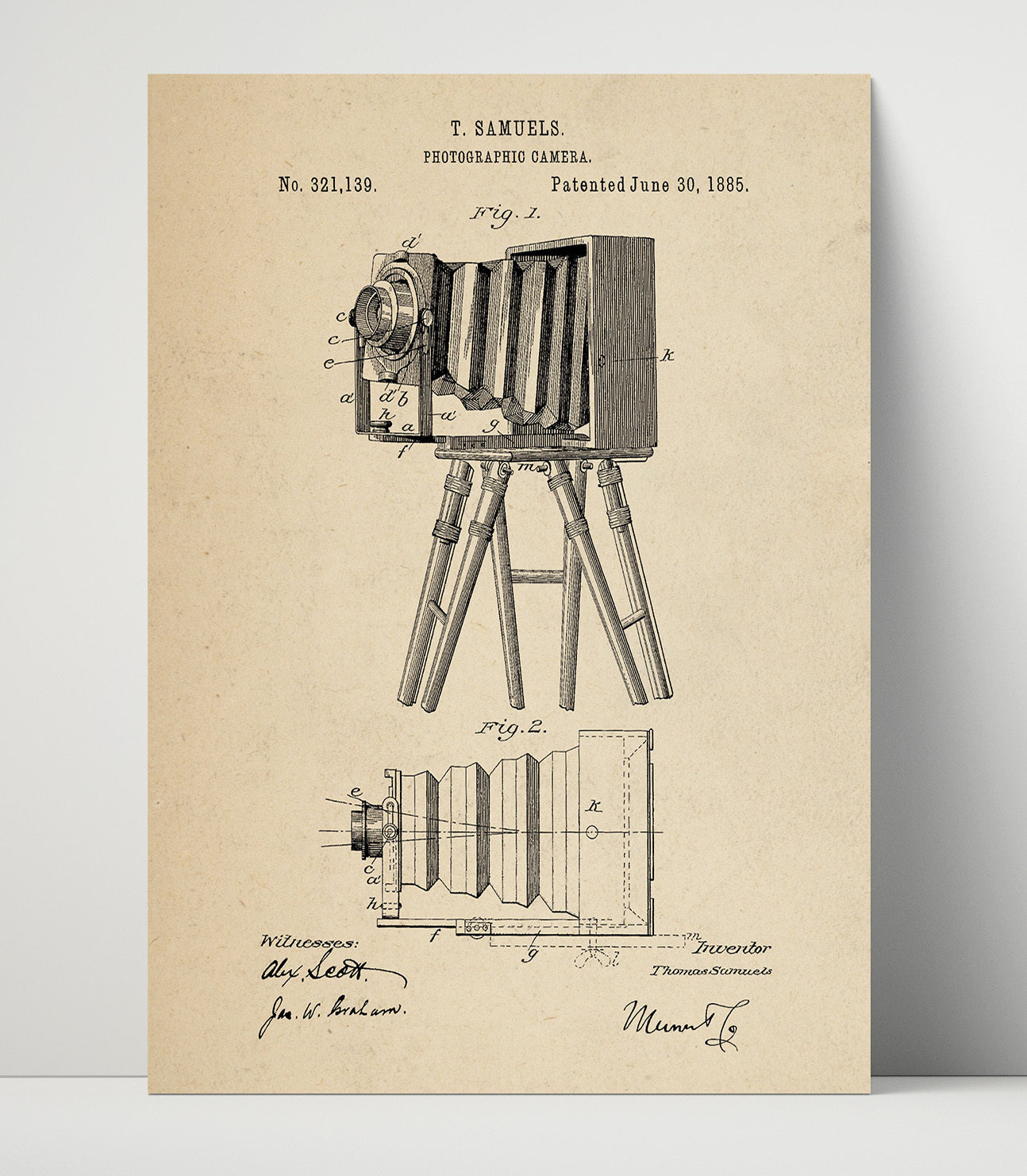 Patent Print - Photographic Camera - T. Samuels - 1885 - Patent 321139 Patent Wall Art