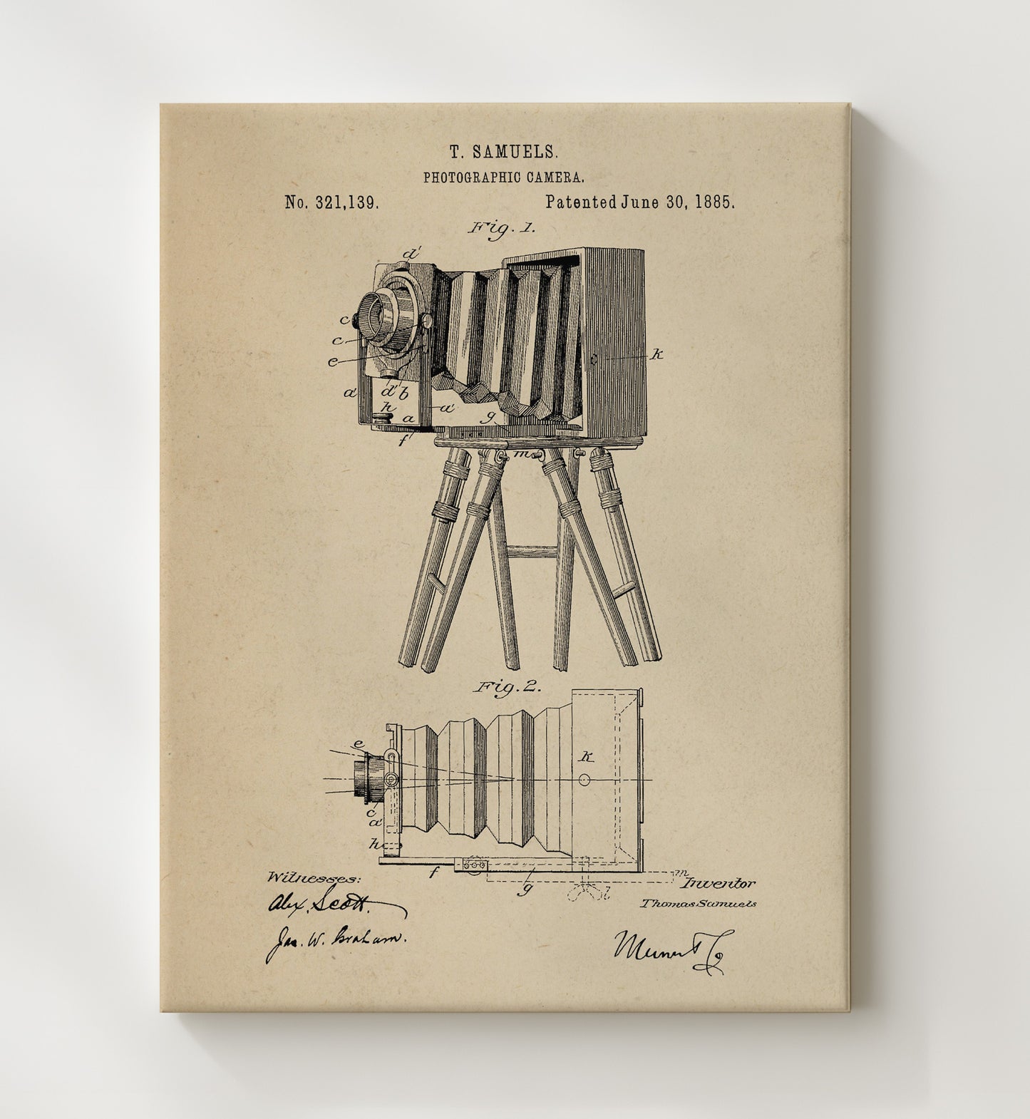 Patent Print - Photographic Camera - T. Samuels - 1885 - Patent 321139 Patent Wall Art