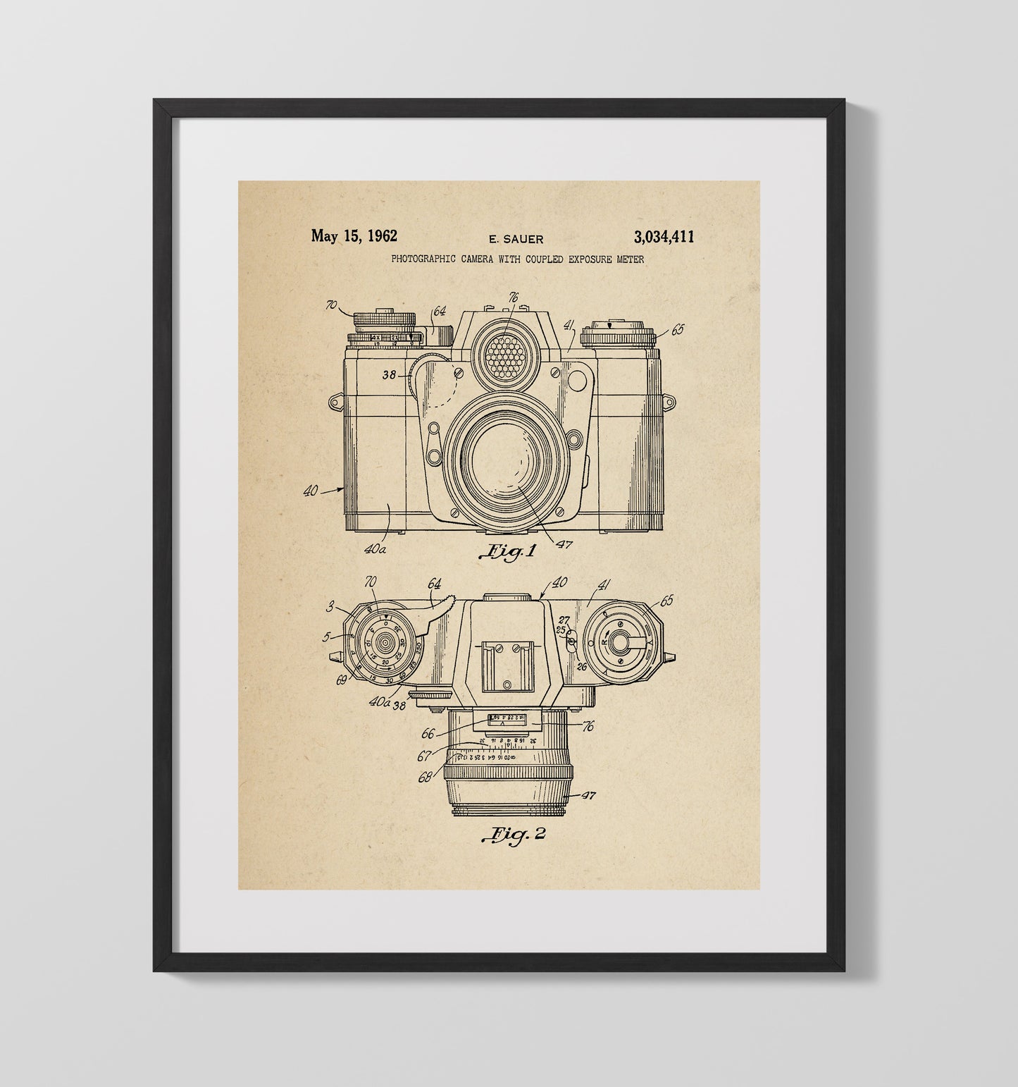 Patent Print - Photographic Camera With Coupled Exposure Meter - E. Sauer - 1962 - Patent 3034411 Patent Wall Art